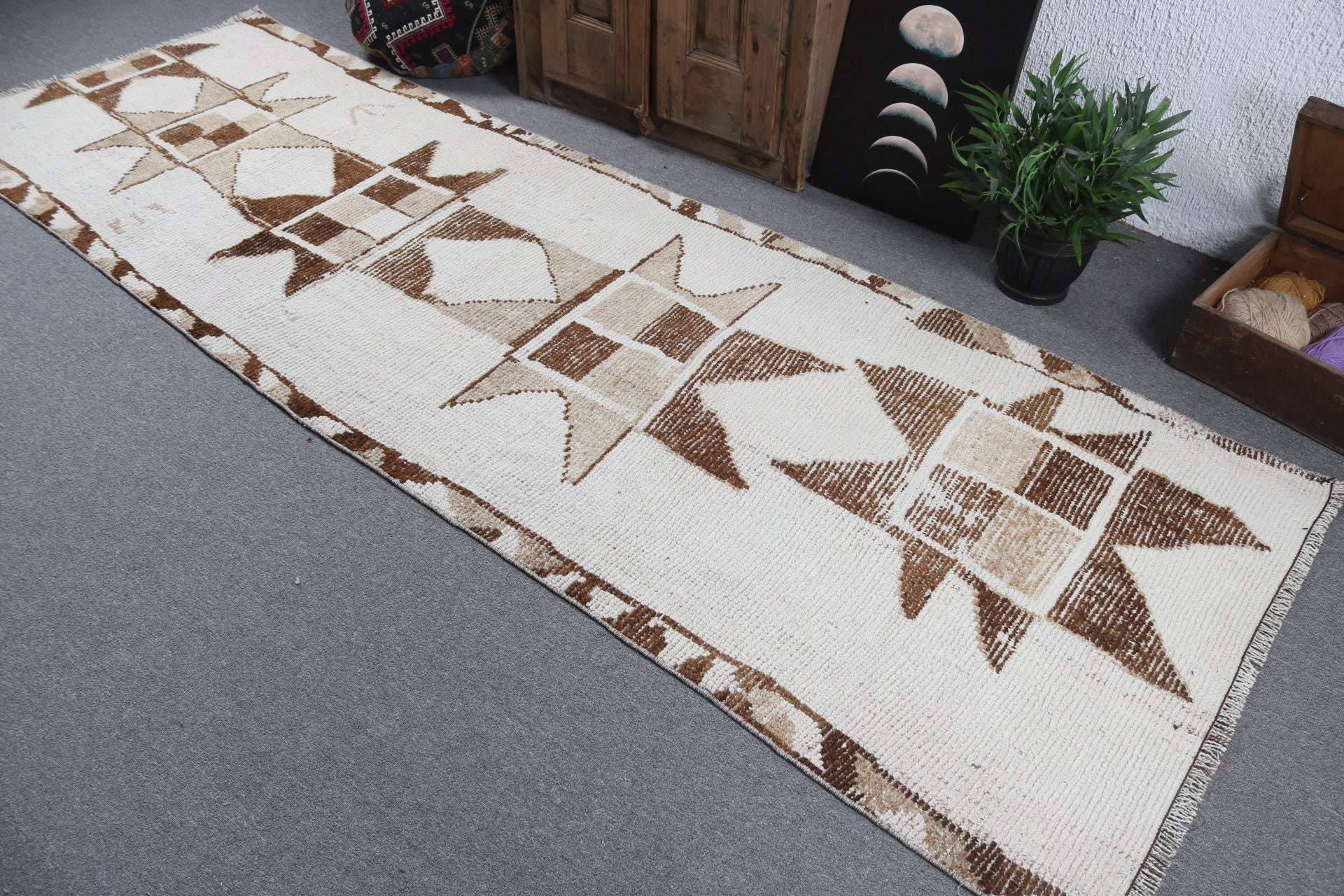 Vintage Halı, Türk Halısı, Yer Halısı, Beyaz 3.4x10.4 ft Runner Halıları, Uzun Runner Halısı, Boho Halıları, Vintage Runner Halıları