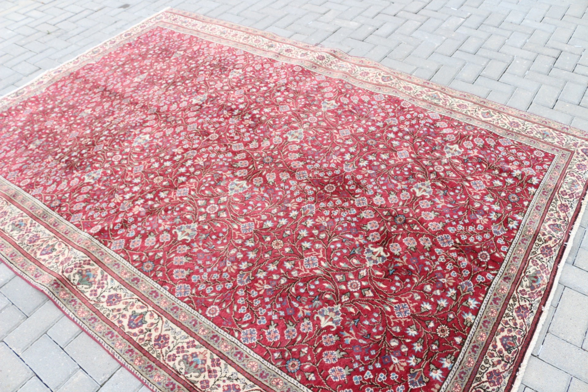 Yemek Odası Halısı, Sanat Halısı, Kırmızı Mutfak Halısı, 6.4x9.1 ft Büyük Halı, Vintage Halı, Oturma Odası Halısı, Ev Dekor Halısı, Türk Halıları, Anadolu Halısı