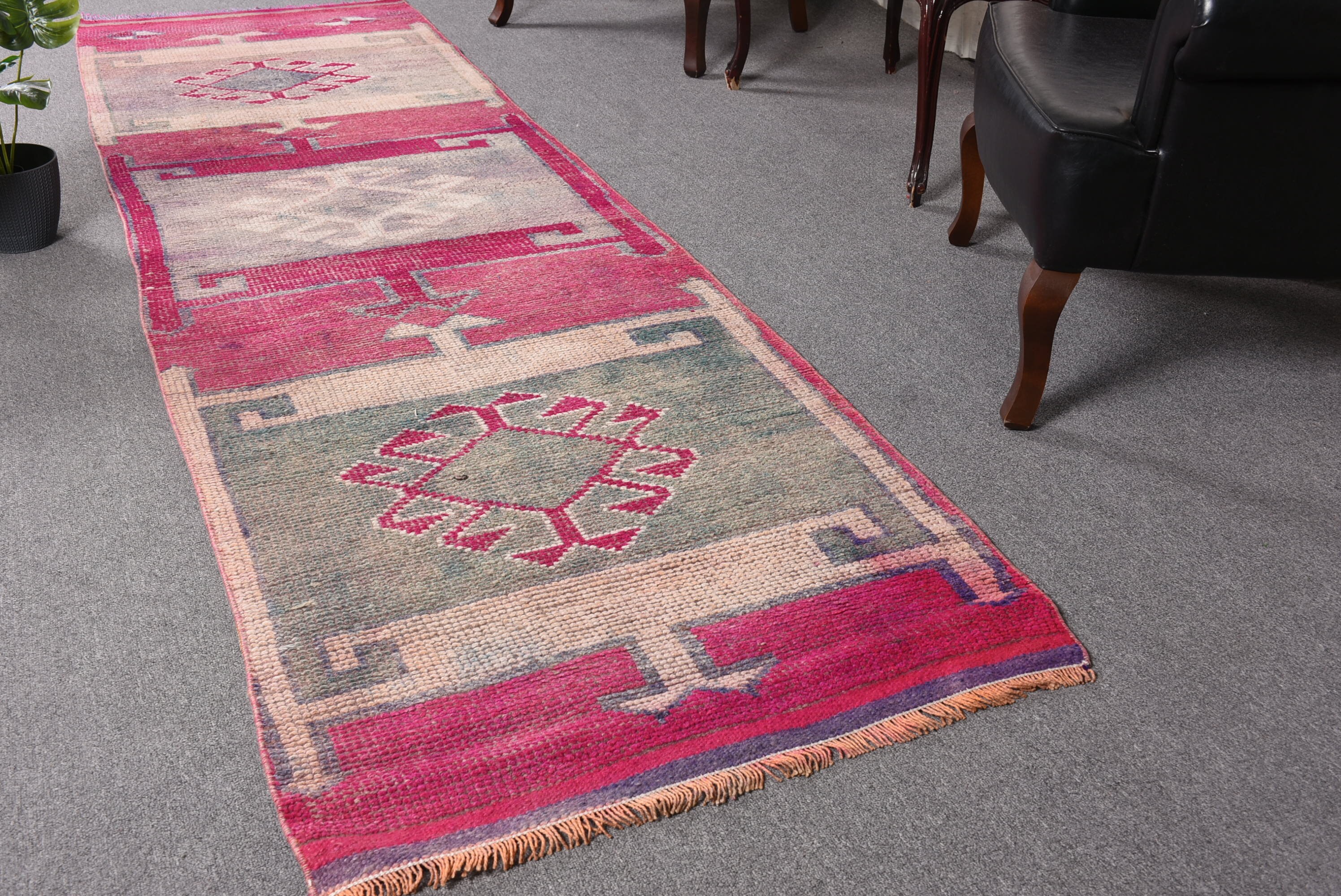 Pink Moroccan Rug, Wool Rug, 3x10.5 ft Runner Rug, Rugs for Corridor, Oushak Rug, Kitchen Rug, Hallway Rugs, Vintage Rug, Turkish Rugs