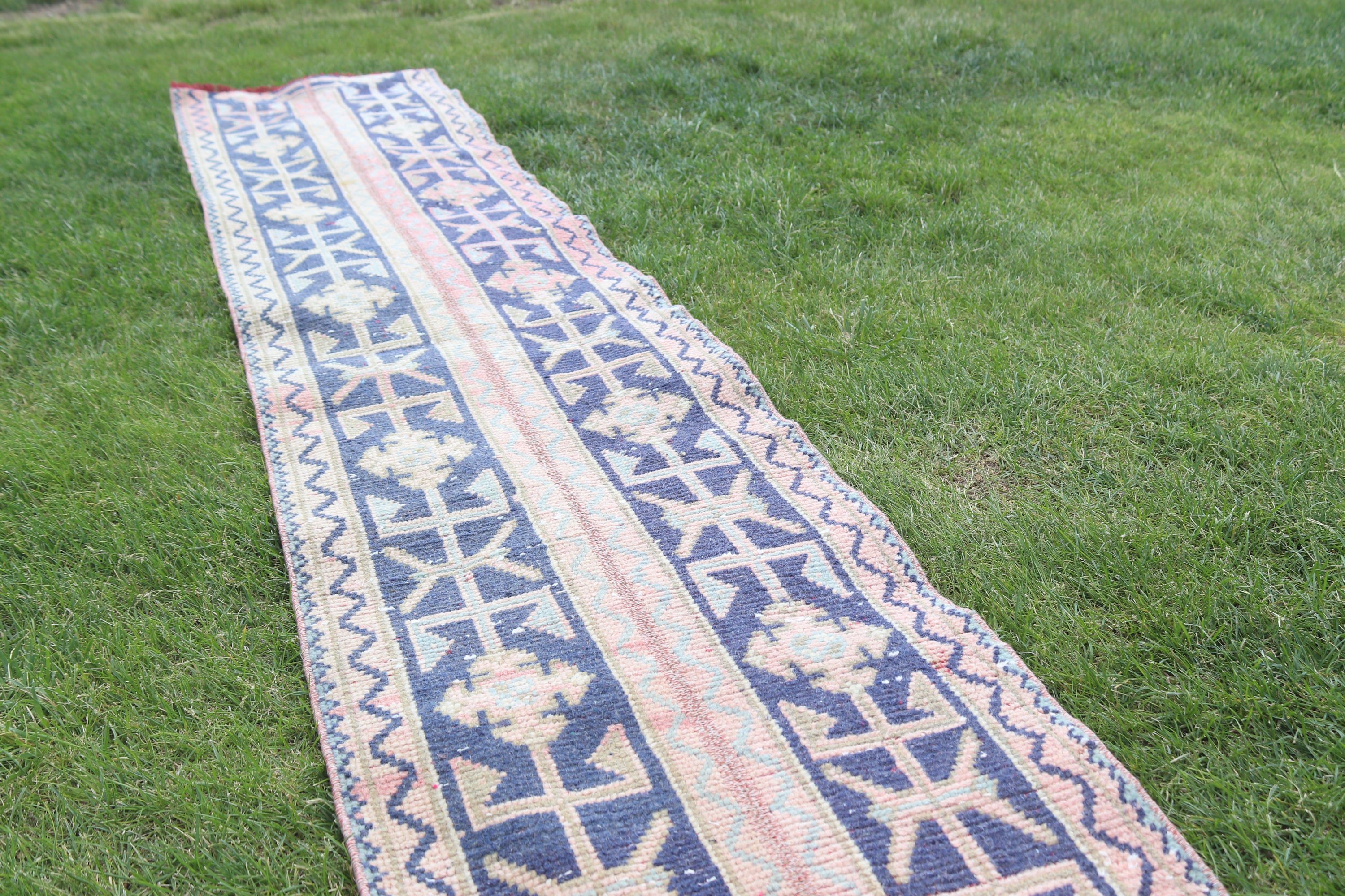 Long Runner Rug, Turkish Rugs, Vintage Rug, Kitchen Rug, Aztec Rug, Blue Boho Rug, Geometric Rug, 1.7x10.5 ft Runner Rug, Anatolian Rugs