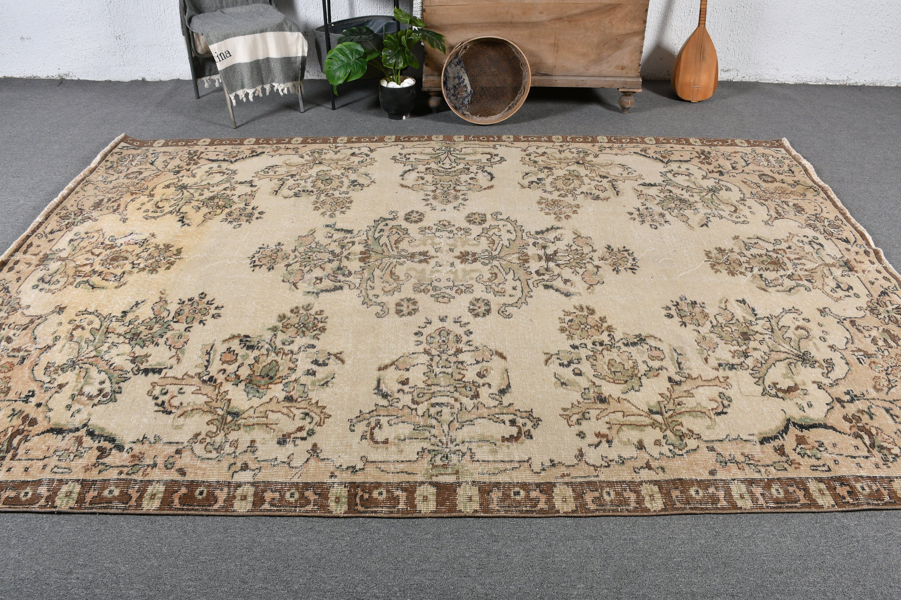 Muted Rugs, 6.6x9.6 ft Large Rug, Bedroom Rugs, Living Room Rugs, Vintage Rugs, Turkish Rugs, Beige Wool Rug, Salon Rug, Oushak Rug