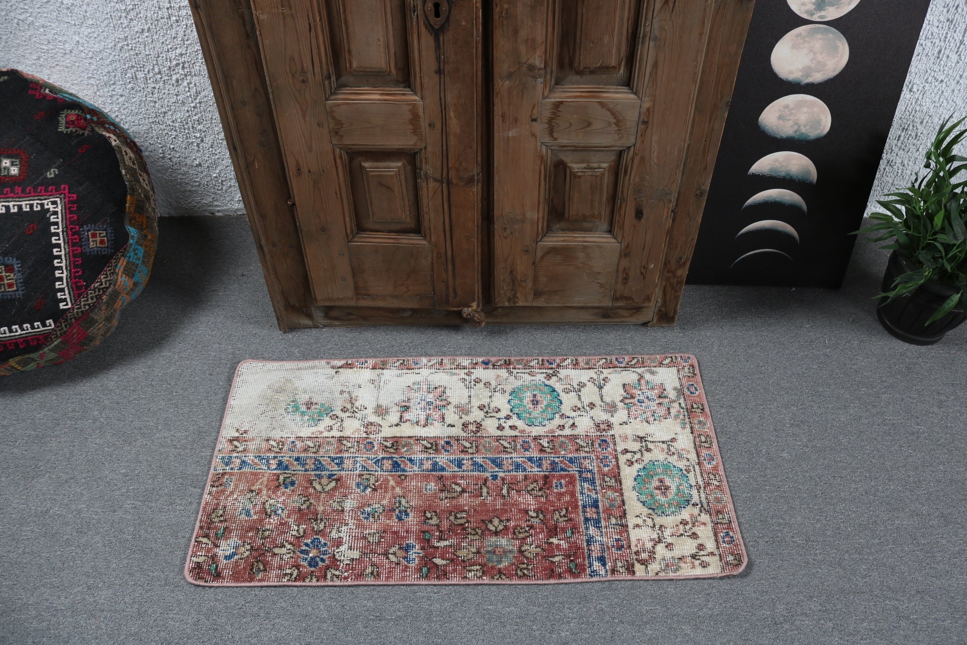 Mutfak Halıları, El Yapımı Halılar, Türk Halıları, Vintage Halı, Küçük Alan Halıları, 1.6x3.2 ft Küçük Halılar, Kırmızı Boho Halı, Oushak Halıları, Kapı Paspası Halıları