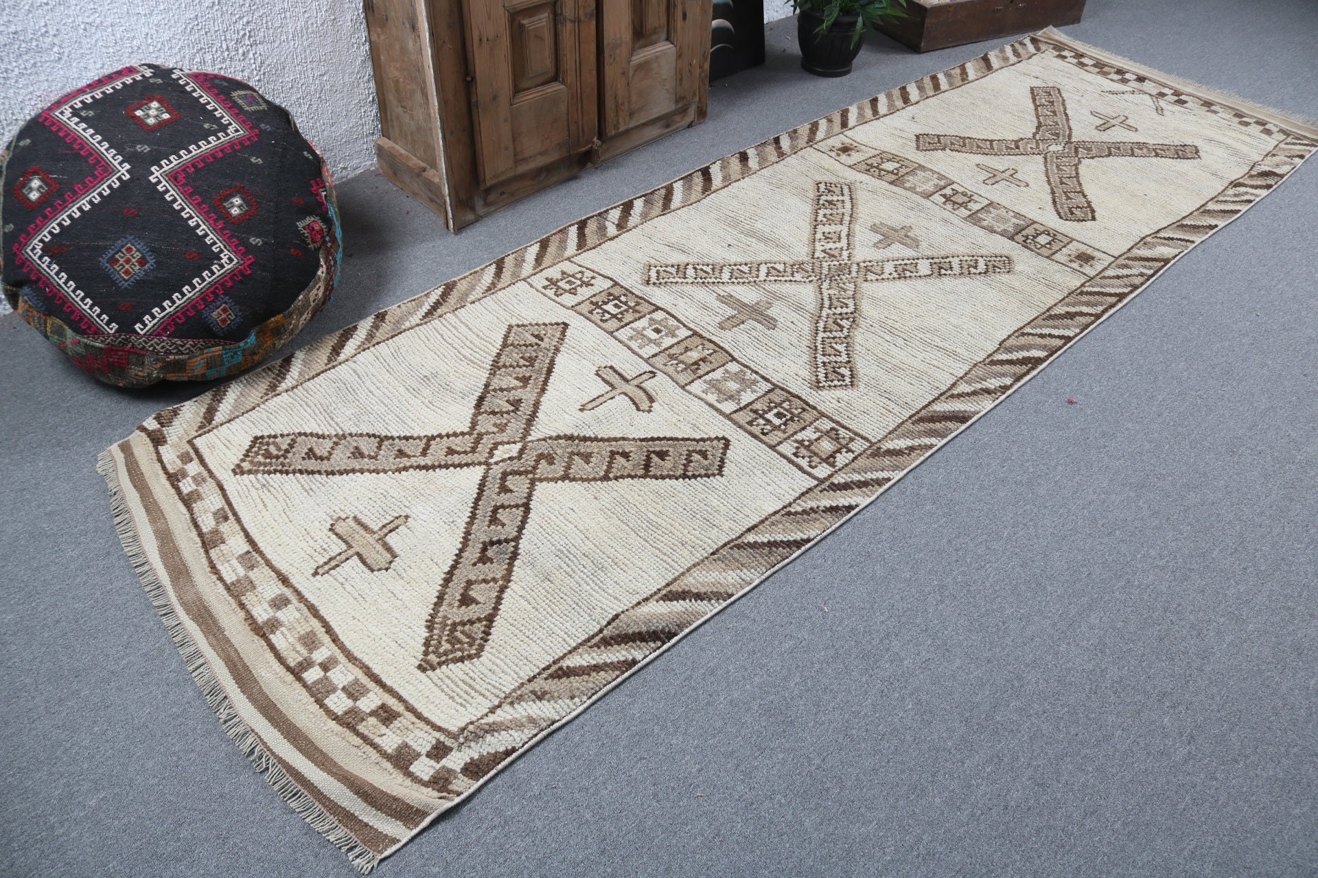 Vintage Runner Halıları, Bej Zemin Halısı, 3.3x10.5 ft Runner Halısı, Antika Halı, Beni Ourain Runner Halısı, Vintage Halı, Türk Halıları, Yün Halı