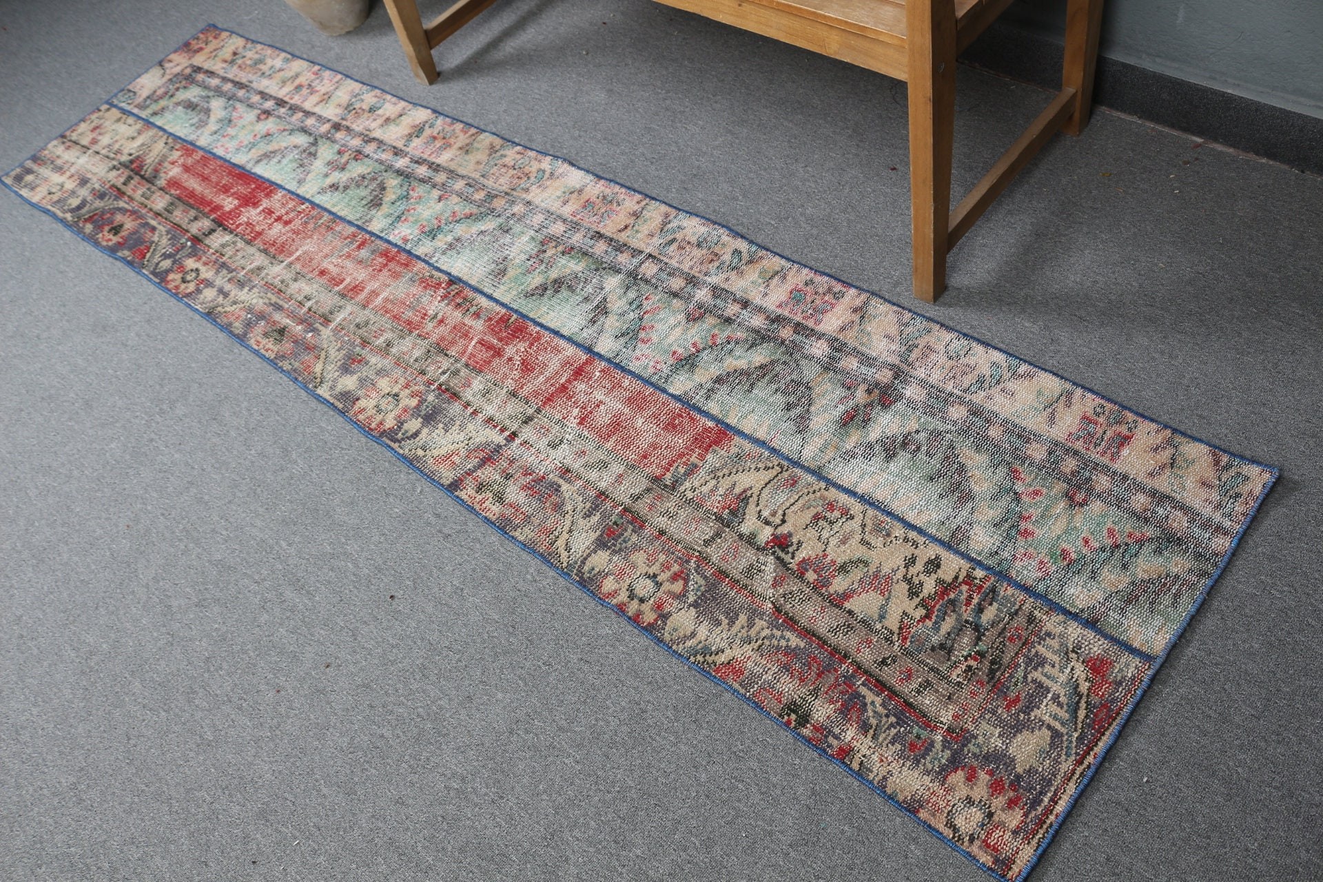 Vintage Halı, Yün Halı, Türk Halısı, Yeşil 2x8,1 ft Runner Halıları, Mutfak Halısı, Koridor Halıları, Doğal Halı