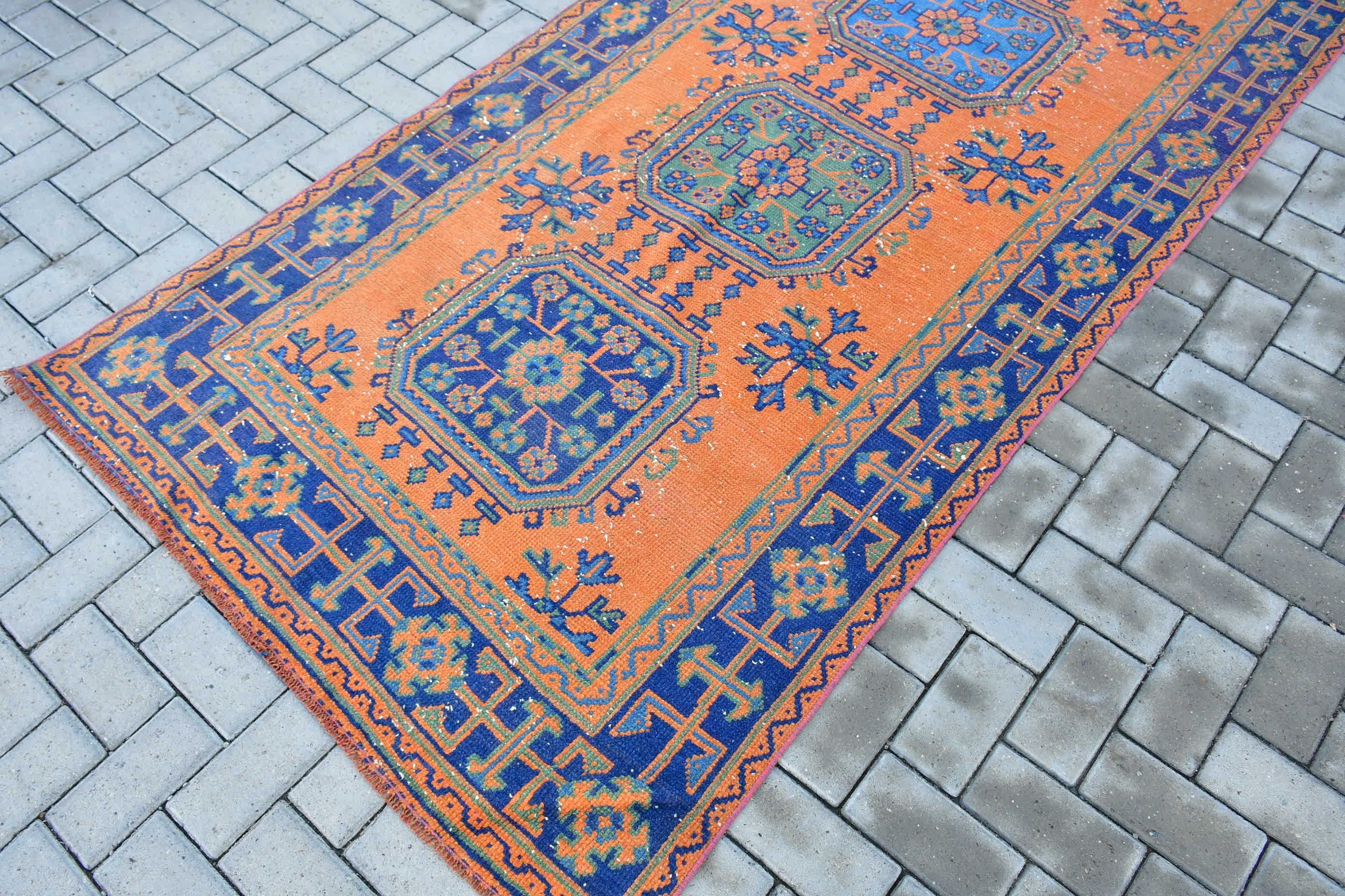 4.1x10.7 ft Runner Rugs, Turkish Rugs, Kitchen Rug, Orange Oushak Rugs, Stair Rugs, Vintage Rug, Bedroom Rug, Custom Rug