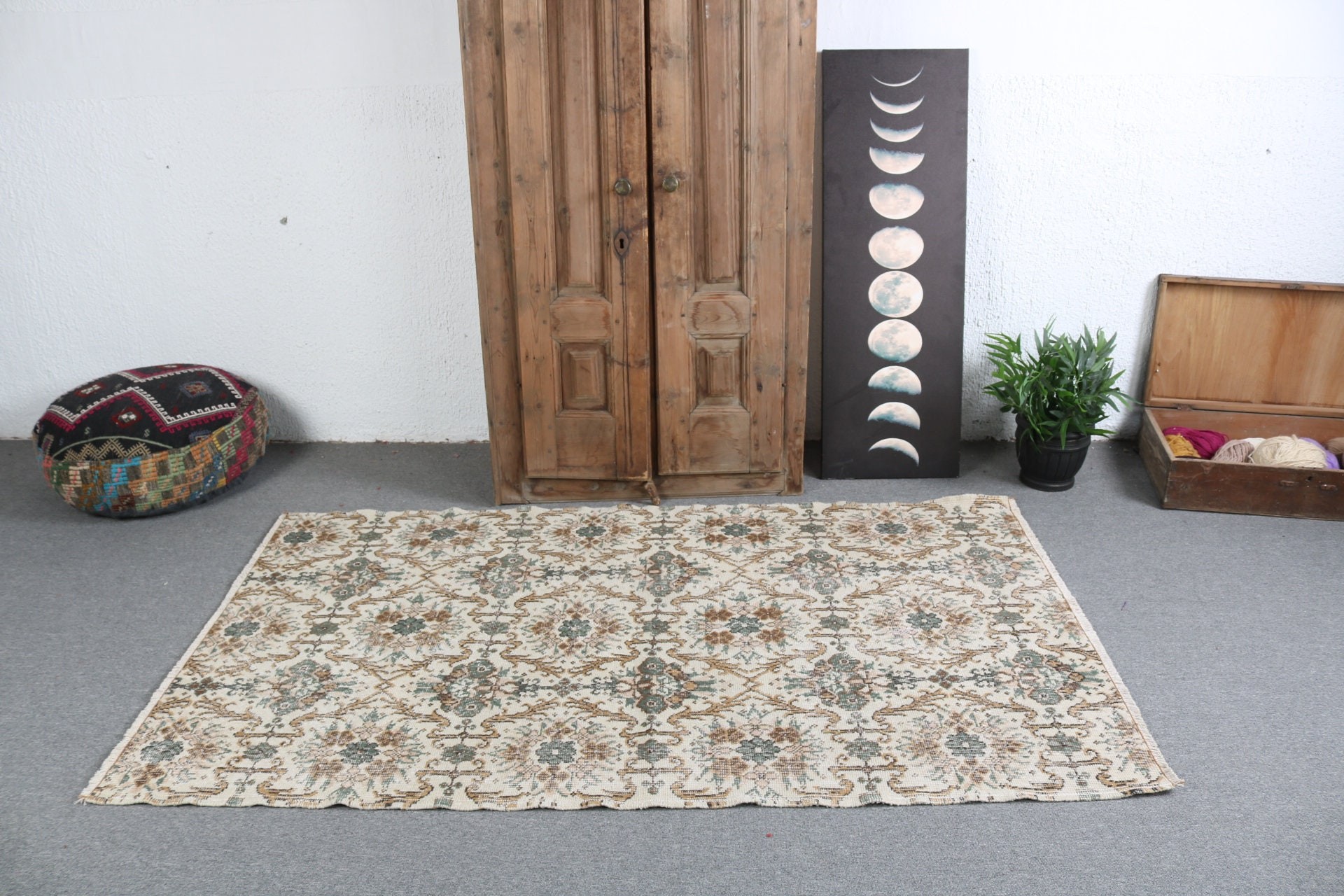 Ev Dekorasyonu Halıları, Vintage Halılar, Türk Halıları, Yün Halı, 3,9x6,6 ft Alan Halıları, Boho Alan Halıları, Oturma Odası Halıları, Sarı Oushak Halıları