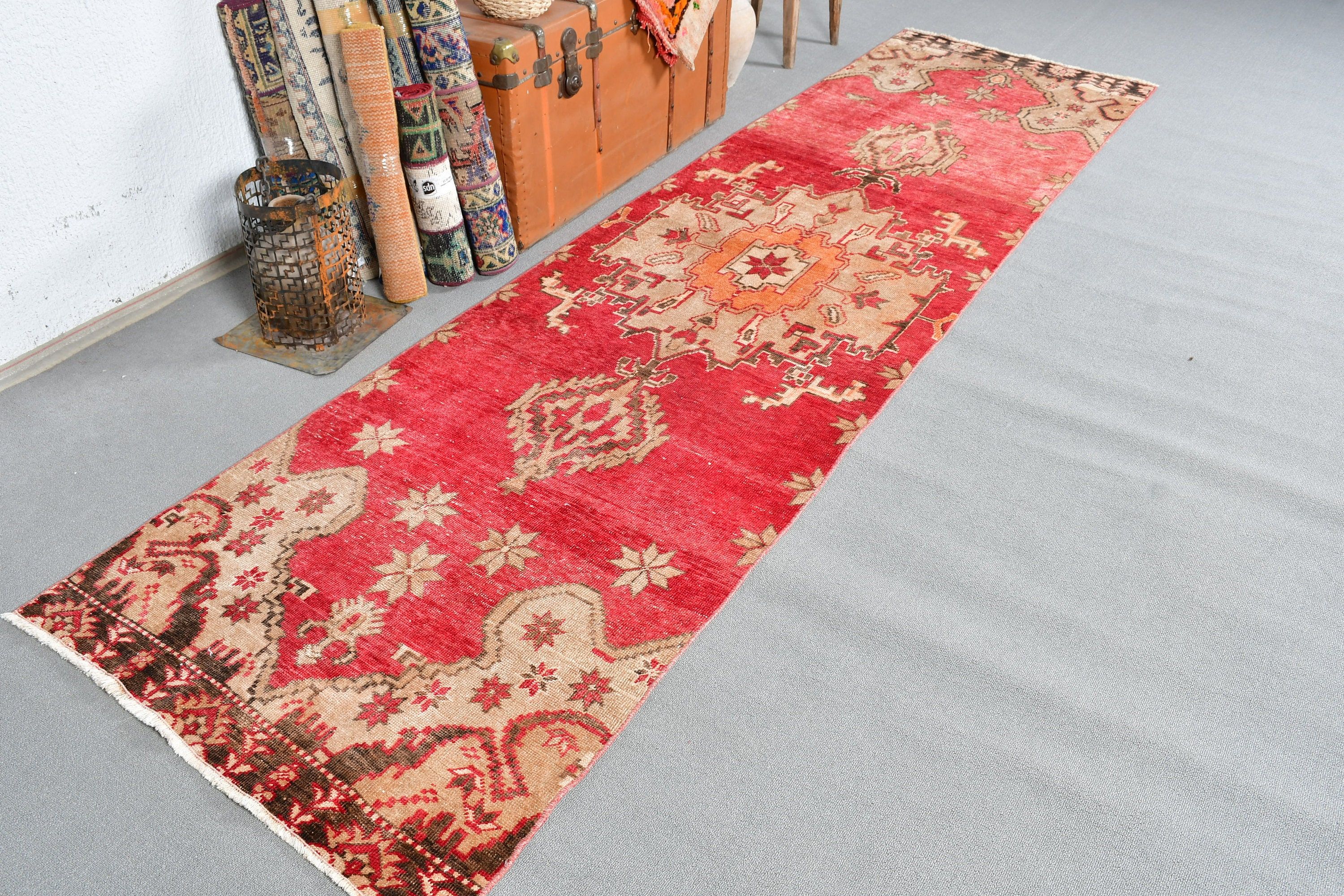 Oushak Rug, Red  3x11 ft Runner Rug, Corridor Rugs, Hallway Rug, Wool Rugs, Rugs for Runner, Turkish Rug, Vintage Rug