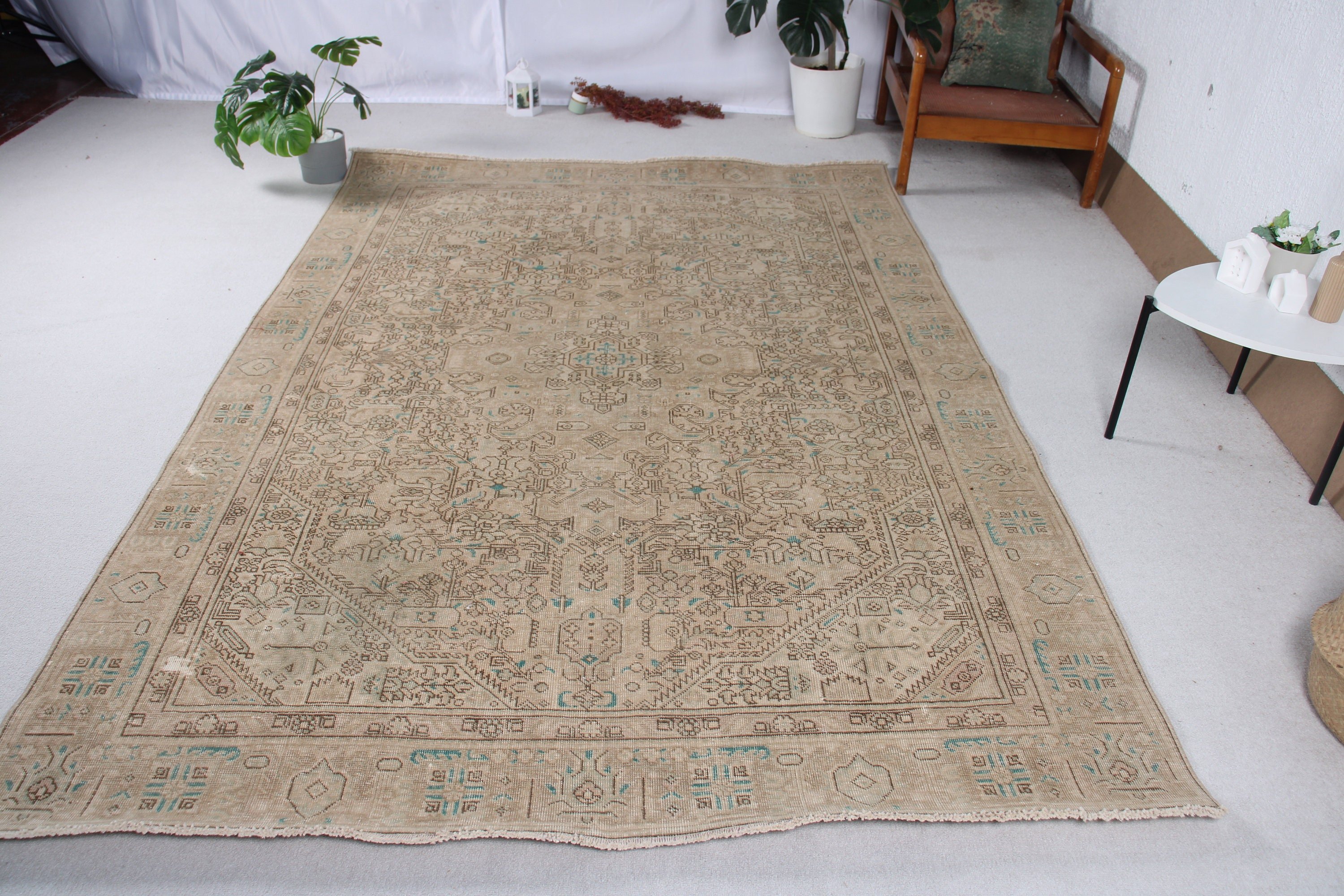 Oturma Odası Halısı, Açıklama Halısı, 6.2x8.9 ft Büyük Halı, Türk Halısı, Kahverengi Açıklama Halıları, Antika Halılar, Vintage Halılar, Yatak Odası Halıları