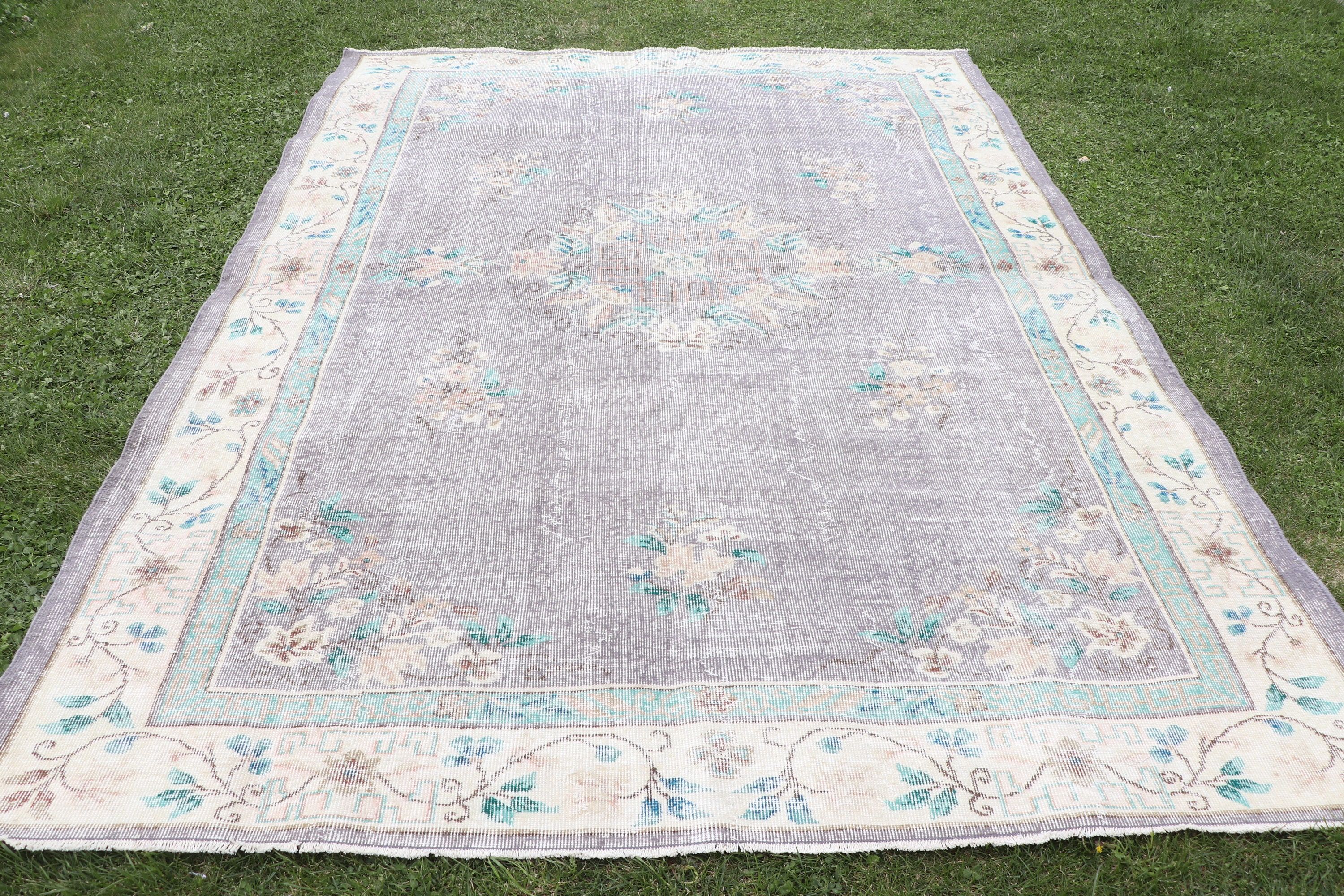 Büyük Oushak Halıları, Organik Halı, Türk Halıları, 7x9.6 ft Büyük Halılar, Yün Halılar, Yatak Odası Halıları, Vintage Halılar, Mor Geometrik Halılar, Yer Halıları