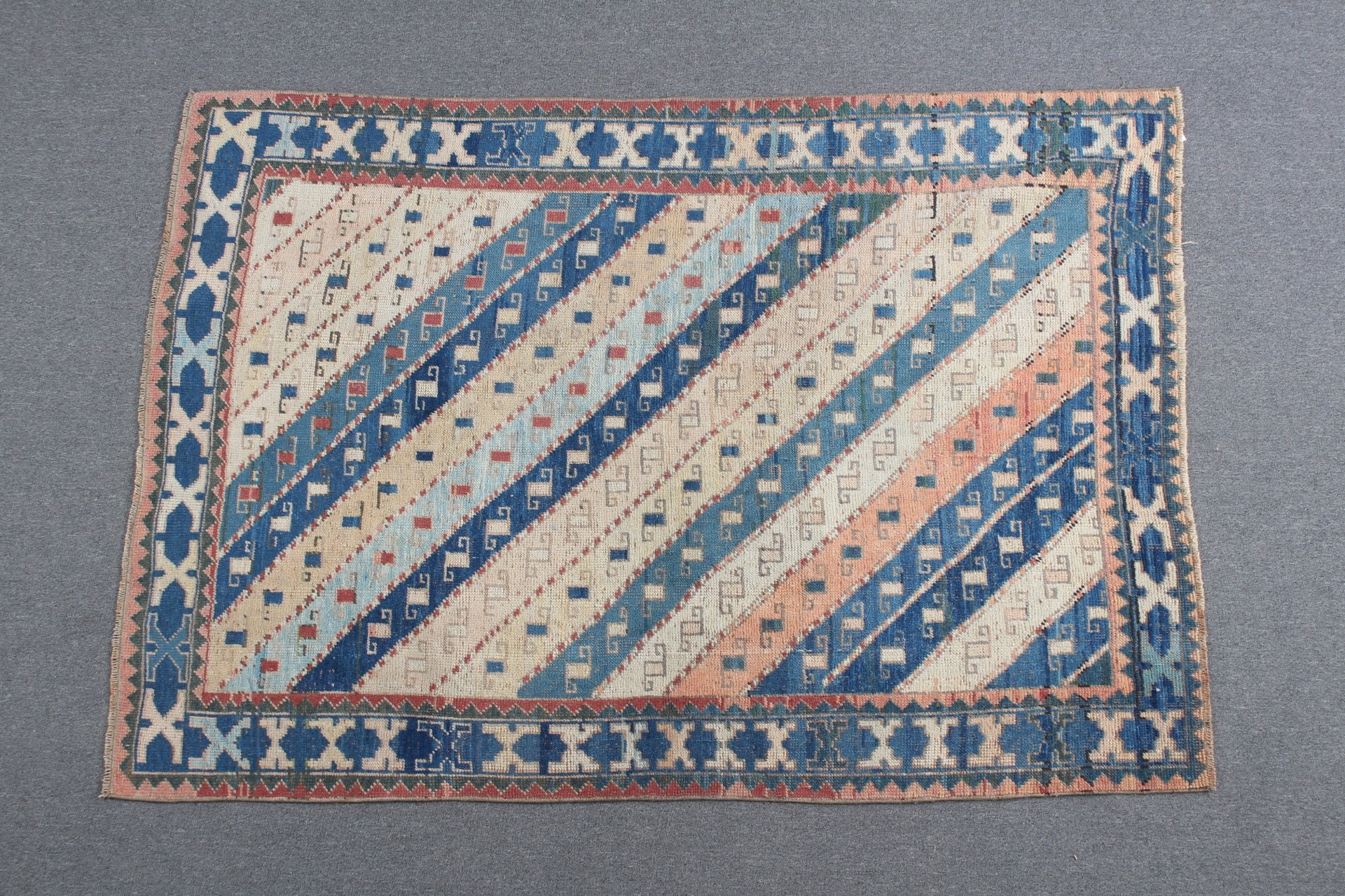 Oushak Halıları, Mavi Mutfak Halısı, Vintage Halı, Yemek Odası Halıları, Yemek Odası Halıları, 4,4x6,3 ft Alan Halısı, Antika Halılar, Türk Halıları