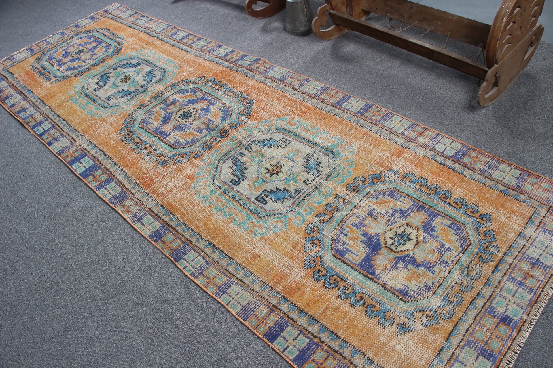 Merdiven Halıları, Koridor Halıları, Turuncu Oushak Halı, Türk Halısı, Vintage Halı, Anadolu Halısı, Sessiz Halı, 3,9x11,4 ft Runner Halısı