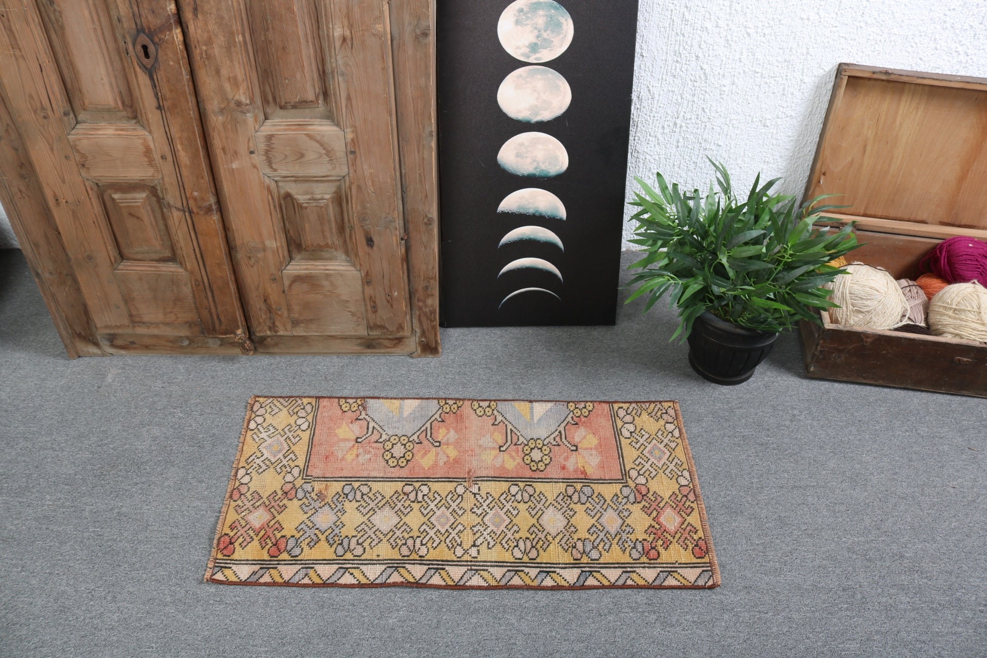 1.5x3 ft Küçük Halılar, Küçük Vintage Halı, Sarı Boho Halılar, Araba Paspas Halısı, Bohem Halılar, Oryantal Halı, Türk Halısı, Bildirim Halısı, Vintage Halı