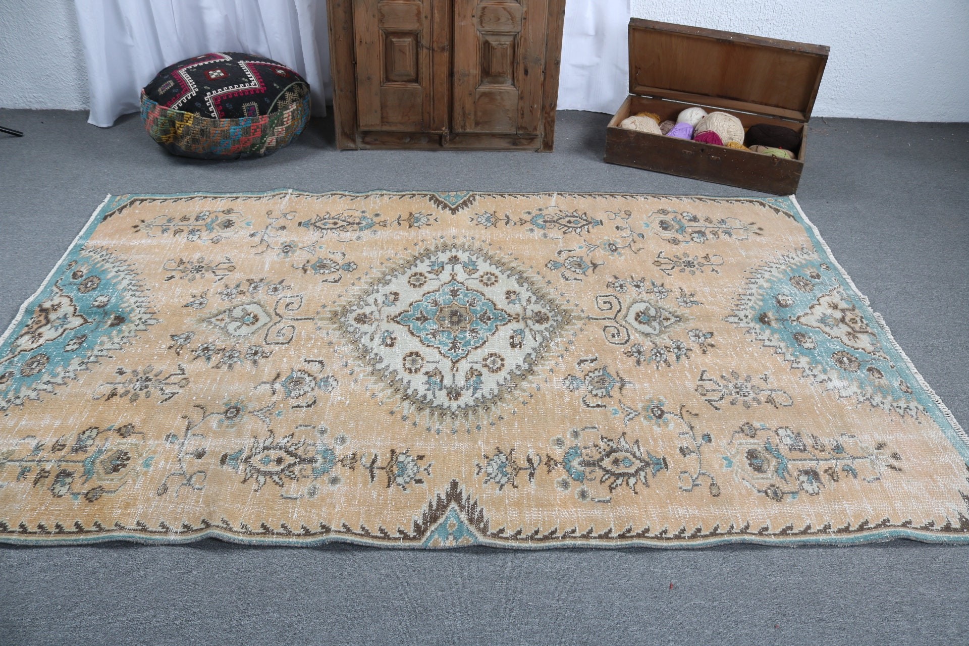 Salon Halıları, Vintage Halı, 5.1x8.2 ft Büyük Halı, El Dokuma Halı, Turuncu Antika Halılar, Yün Halılar, Büyük Boho Halı, Türk Halısı