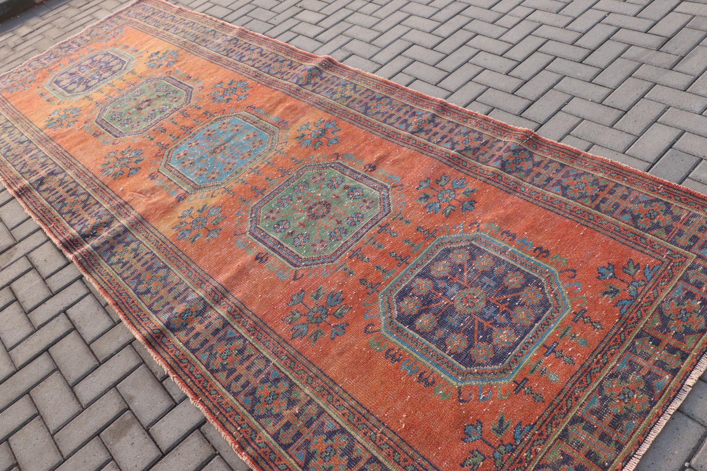 Vintage Halı, Turuncu Antika Halılar, Antika Halılar, Türk Halısı, Merdiven Halısı, Bohem Halısı, Yer Halıları, Mutfak Halıları, 4.6x12.1 ft Runner Halıları