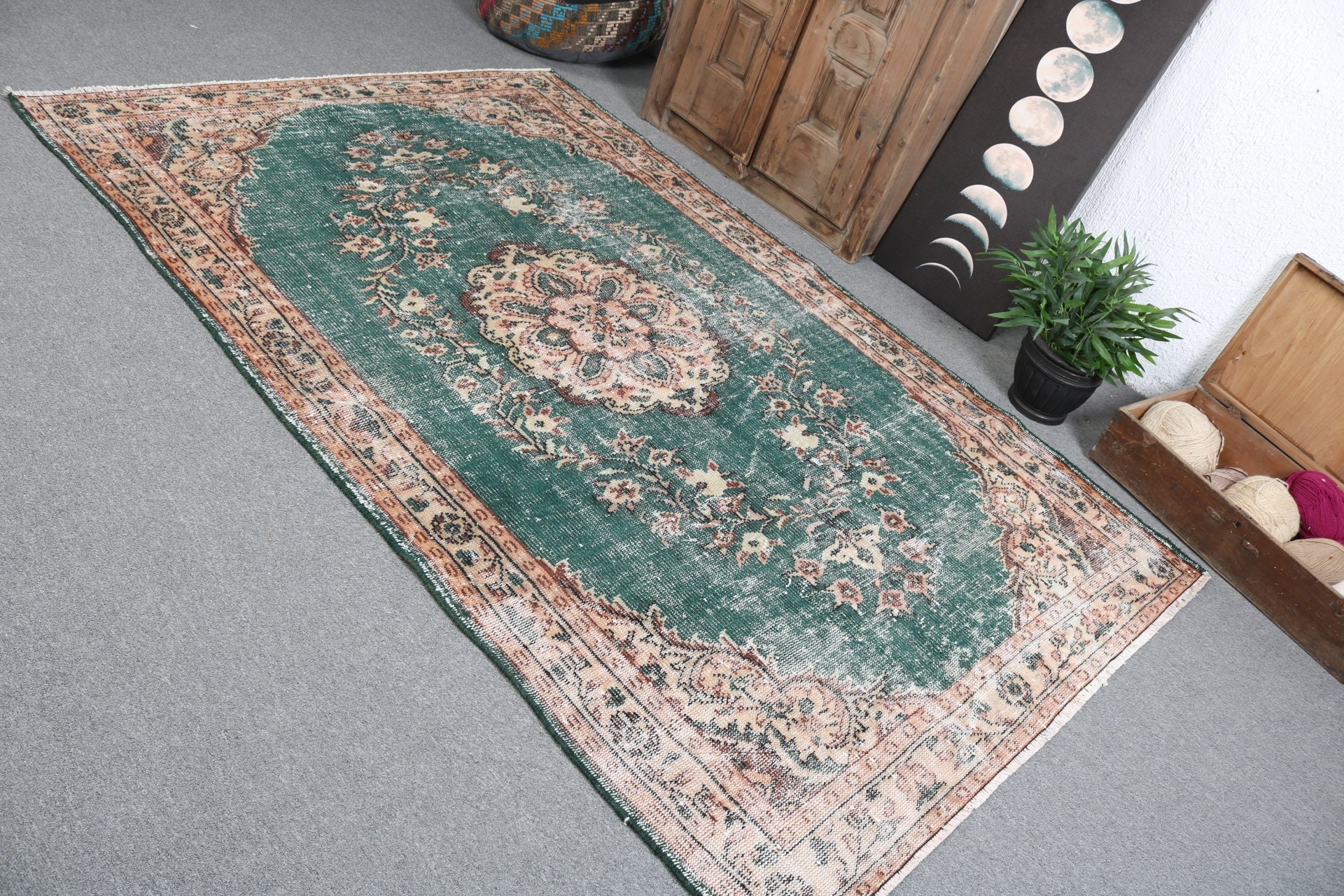 Büyük Boho Halı, Mutfak Halısı, Yemek Odası Halıları, Yeşil Lüks Halılar, Türk Halıları, Yer Halısı, Antika Halılar, Vintage Halı, 5,2x7,9 ft Büyük Halılar