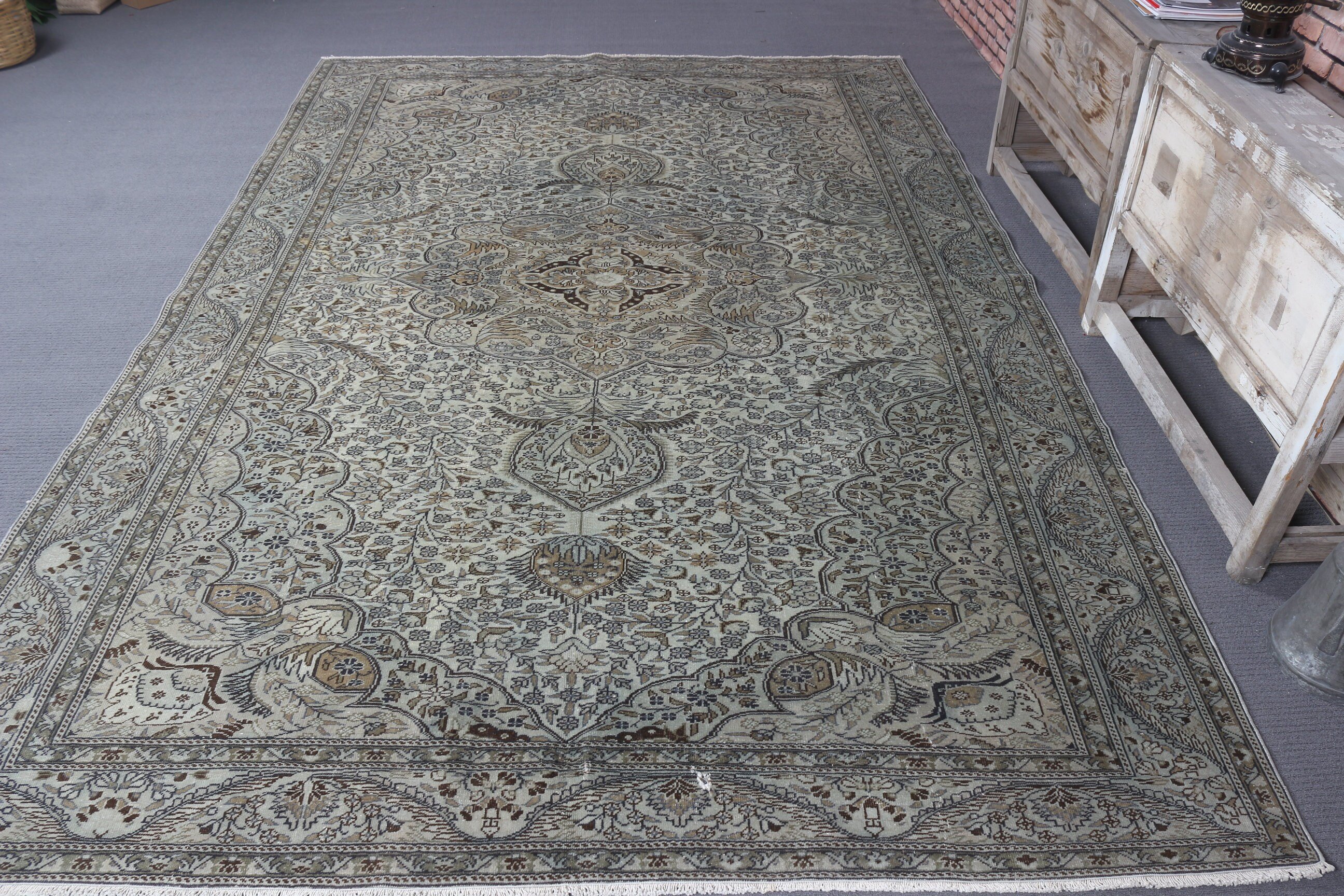 Vintage Halı, Türk Halısı, Yer Halıları, Vintage Dekor Halıları, Yeşil Oryantal Halı, Yatak Odası Halıları, 6.5x9.8 ft Büyük Halı, Oturma Odası Halısı, Havalı Halı