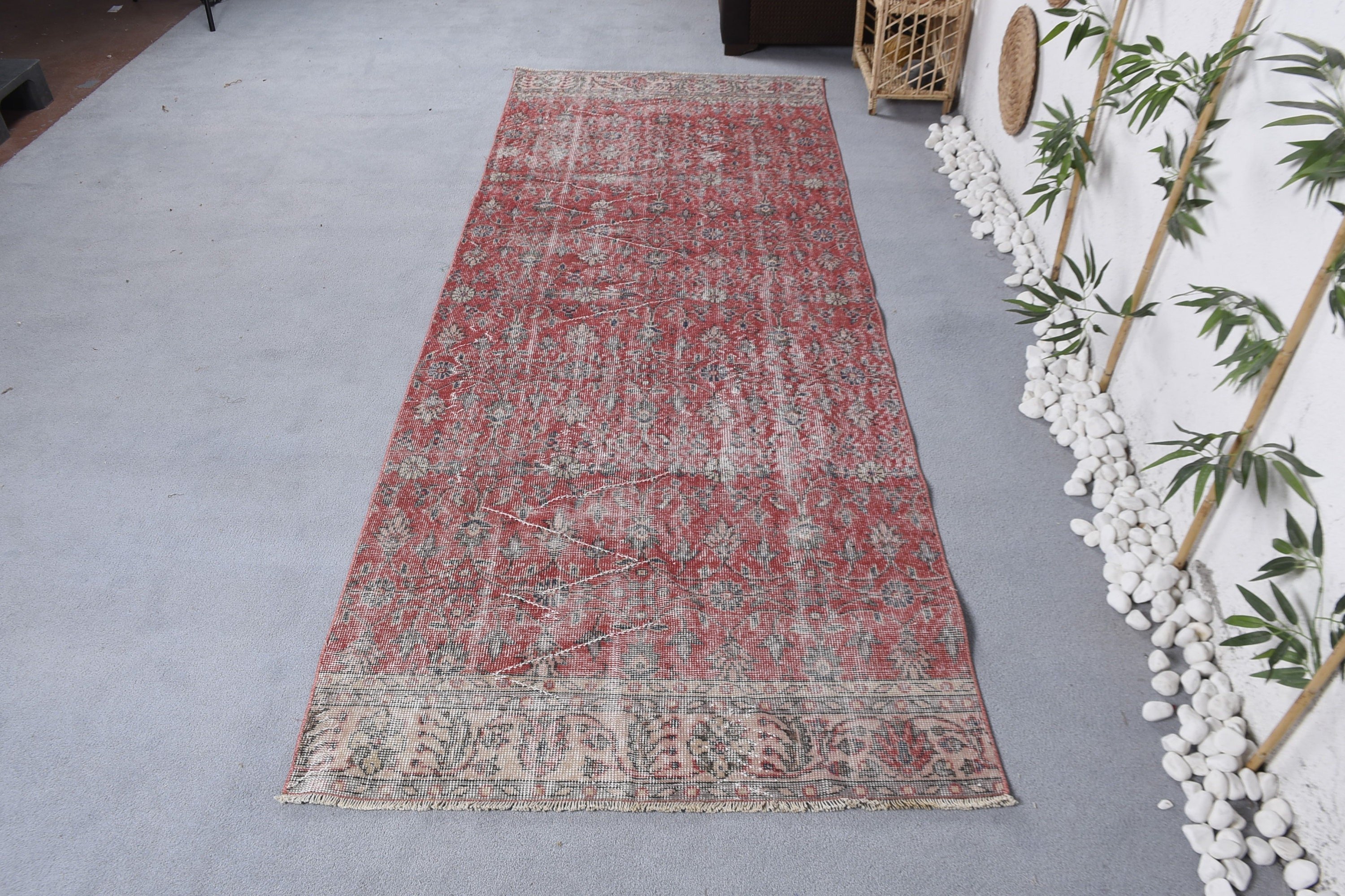 Anatolian Rug, Red  3.7x9.9 ft Runner Rugs, Turkish Rugs, Stair Rug, Rugs for Runner, Antique Rug, Vintage Rug, Kitchen Rug