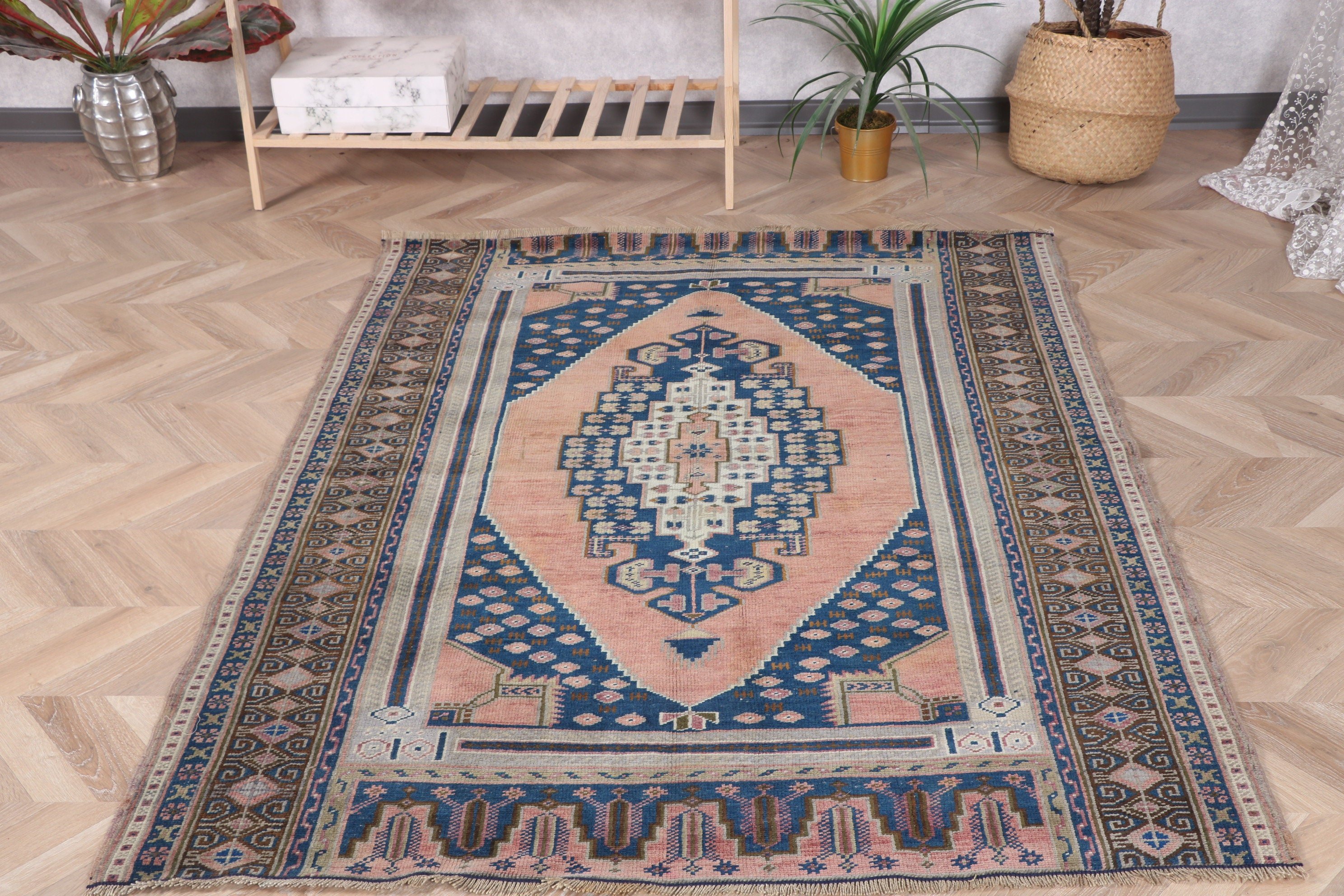 Türk Halısı, Vintage Halılar, 4.3x5.5 ft Aksan Halıları, Modern Halı, Geometrik Halılar, Kahverengi Modern Halı, Dekoratif Halı, Etnik Halı, Giriş Halısı