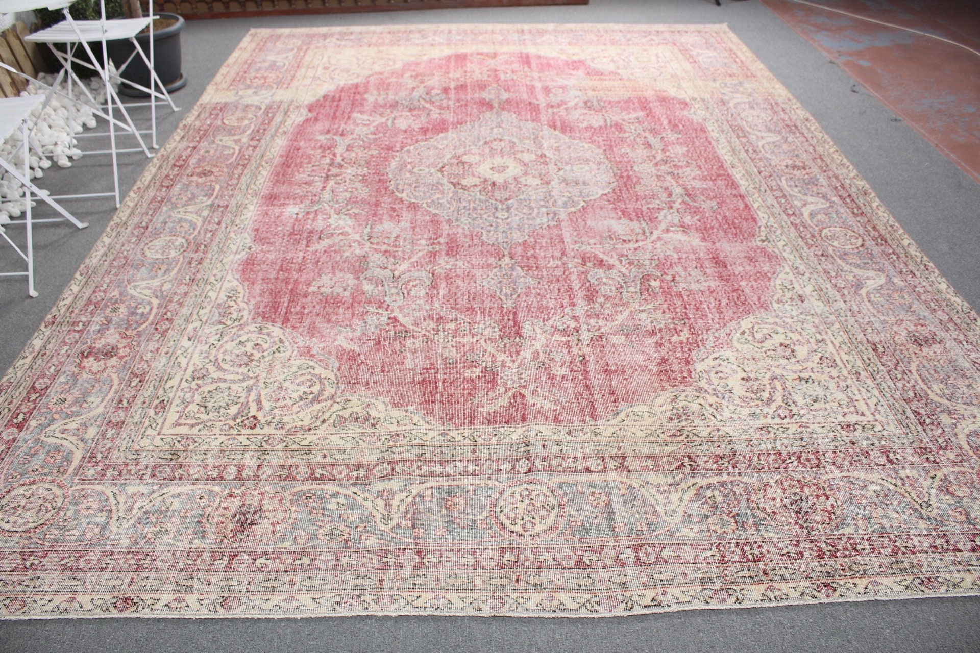 Kırmızı Yün Halı, Ev Dekorasyonu Halıları, Salon Halısı, Oushak Halıları, Yemek Odası Halıları, Vintage Halılar, Soluk Halılar, 9x12.4 ft Büyük Boy Halı, Türk Halıları