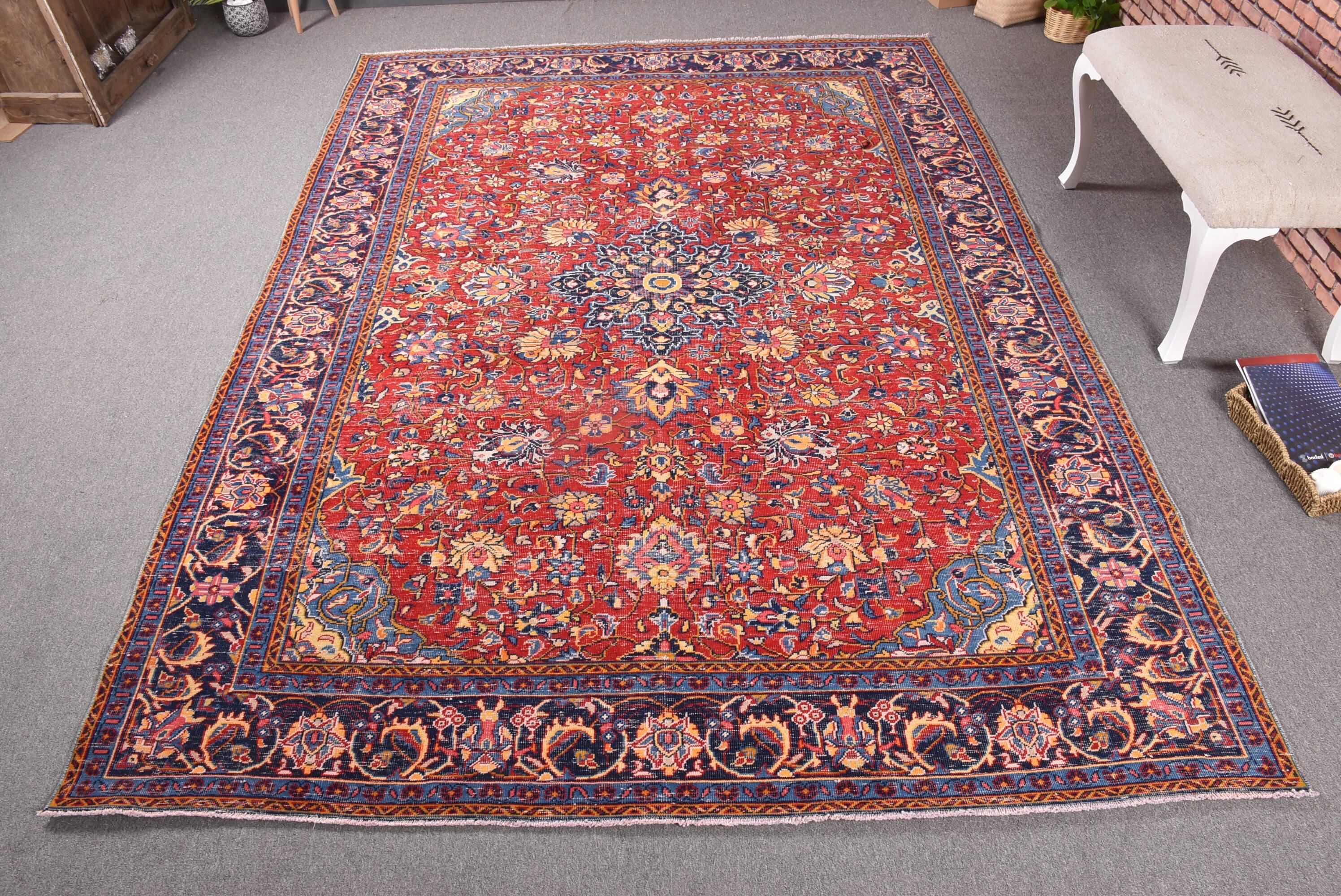 Türk Halısı, Büyük Oushak Halıları, Mutfak Halıları, Kırmızı El Dokuma Halısı, 6.9x9.8 ft Büyük Halıları, Oturma Odası Halısı, Vintage Halı, El Dokuma Halısı