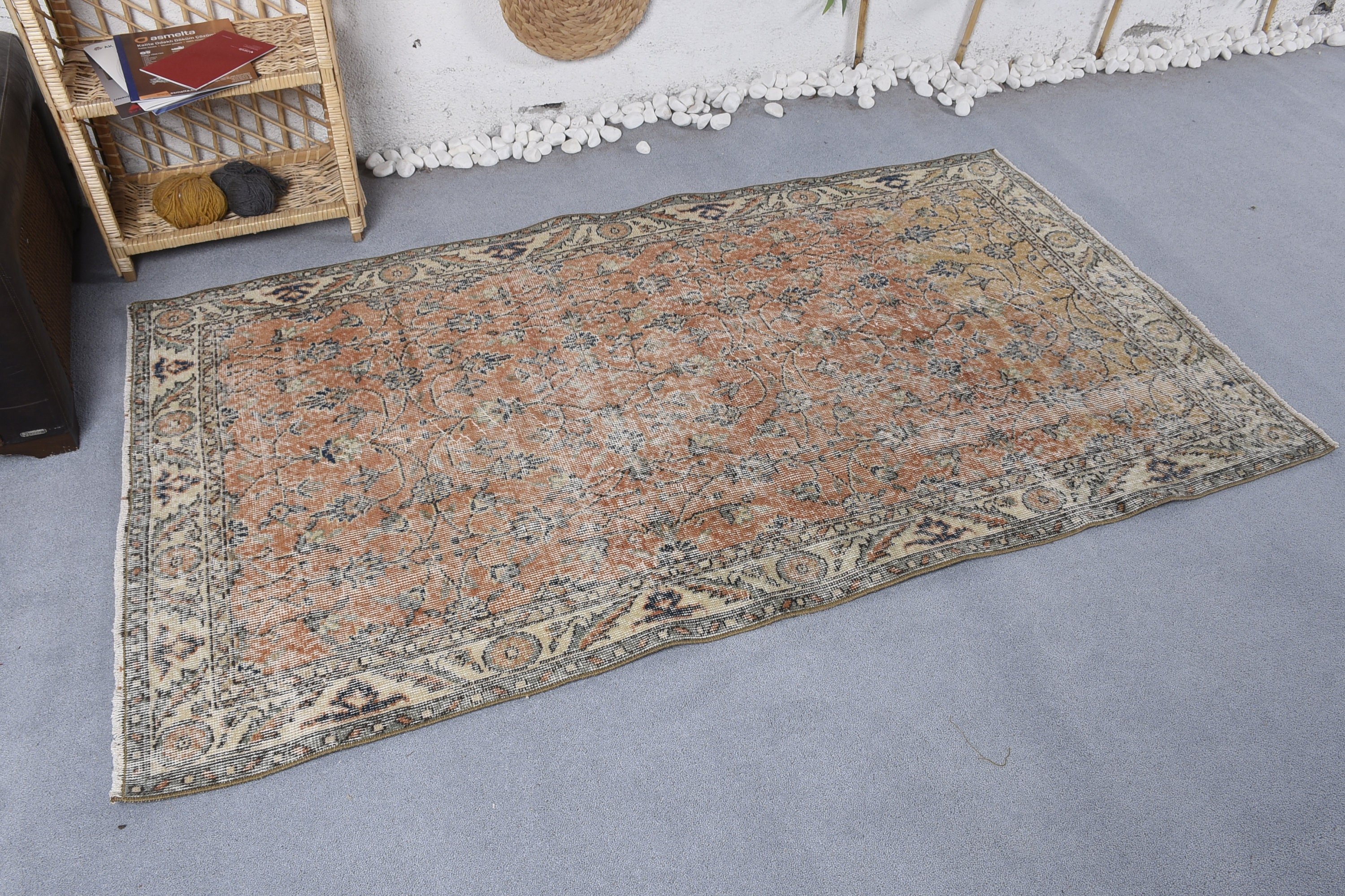 Yün Halılar, Ev Dekor Halısı, Turuncu Oryantal Halı, Türk Halıları, 3,7x6,5 ft Alan Halıları, Özel Halı, İç Mekan Halısı, Vintage Halılar, Oturma Odası Halıları