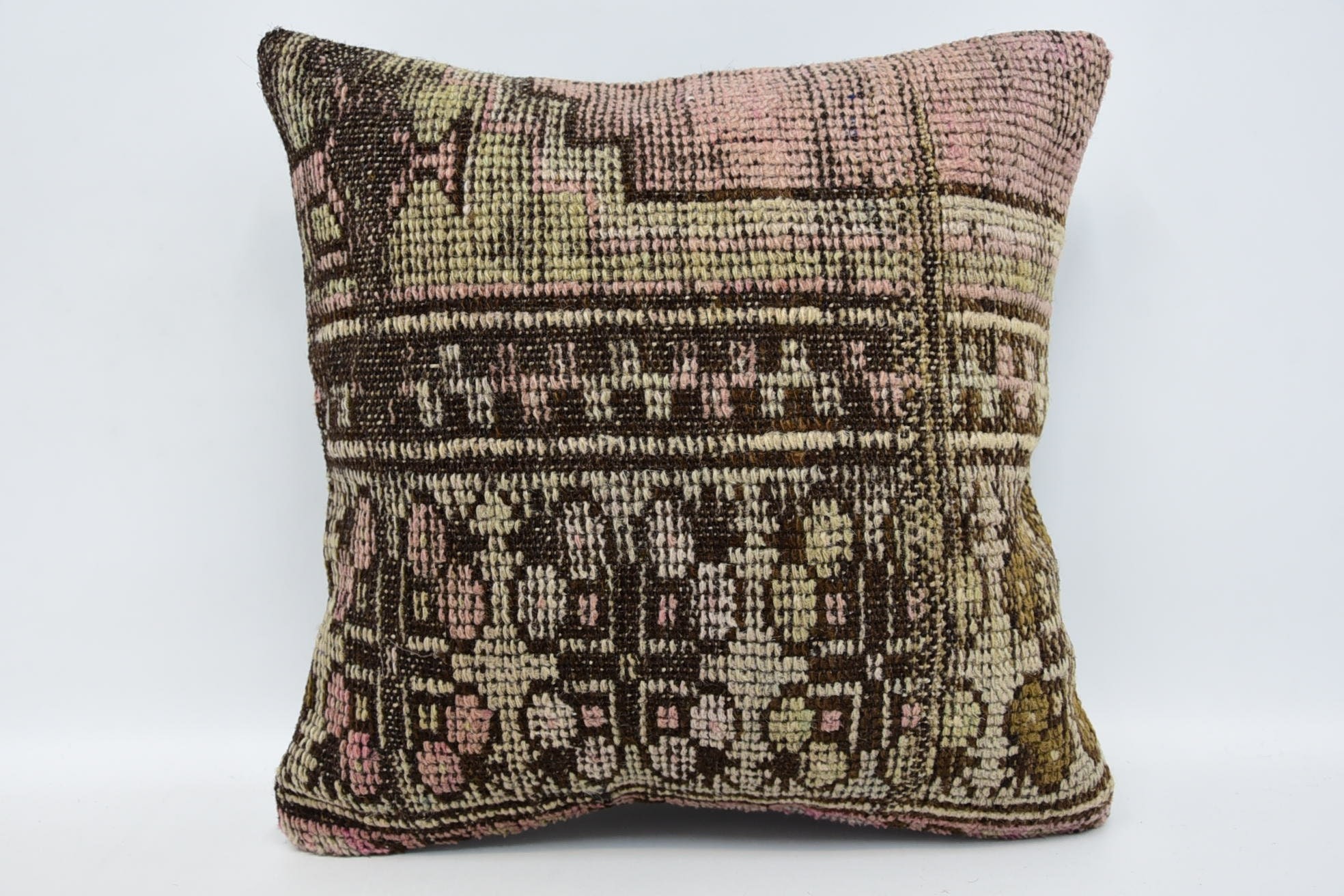 16"x16" Brown Cushion Case, Turkish Pillow, Kilim Pillow, Square Throw Pillow Cover, Boho Pillow Sham Cover, Patio Cushion Cover