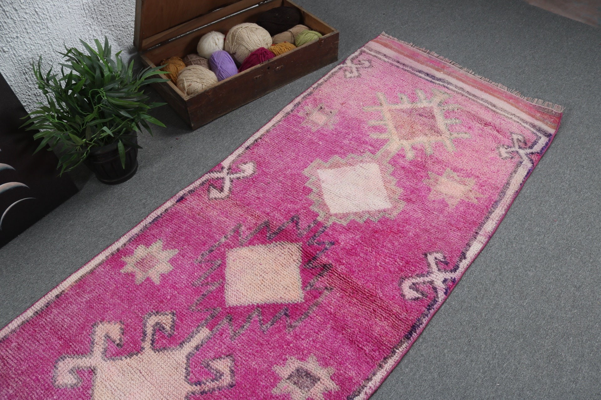 Boho Halılar, Lüks Halılar, Vintage Halılar, Türk Halıları, 2,9x11,6 ft Koşucu Halısı, Geometrik Halı, Pembe Geometrik Halılar, Merdiven Halısı, Uzun Yolluk Halıları