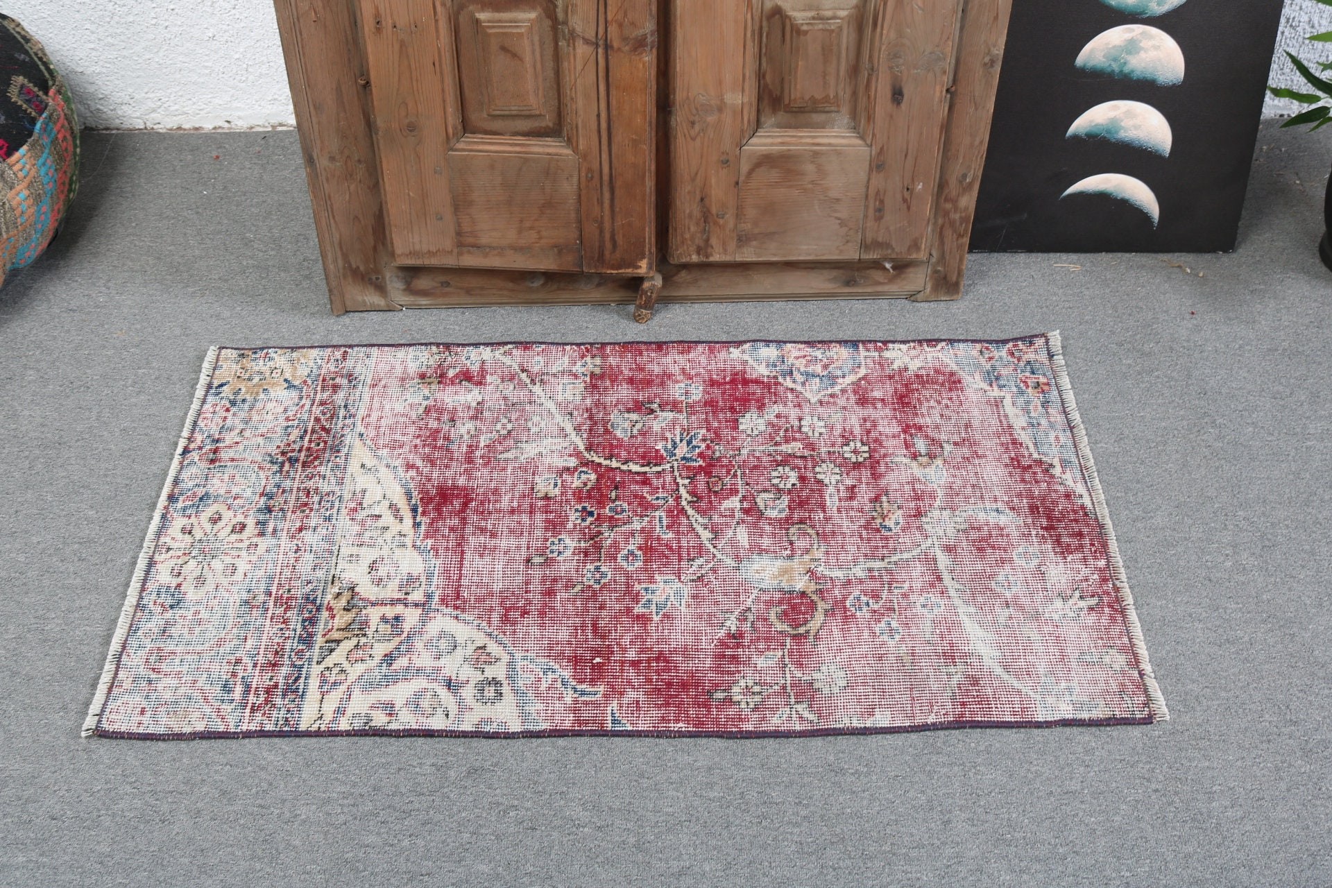 Wall Hanging Rug, Red Home Decor Rugs, Vintage Rugs, Boho Rugs, Rugs for Small Area, 2x3.6 ft Small Rugs, Kitchen Rugs, Turkish Rug