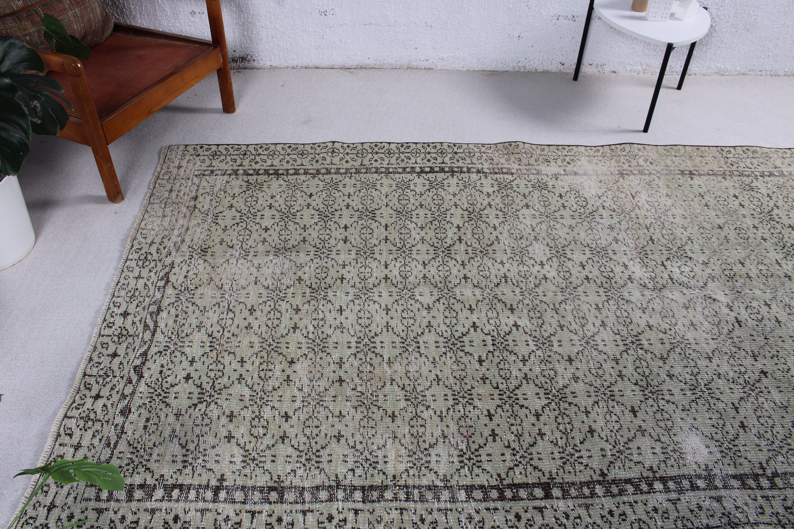 Büyük Vintage Halılar, Salon Halıları, 5x8,3 ft Büyük Halılar, Egzotik Halılar, Türk Halıları, Yeşil Oushak Halı, Vintage Halı, Geometrik Halı