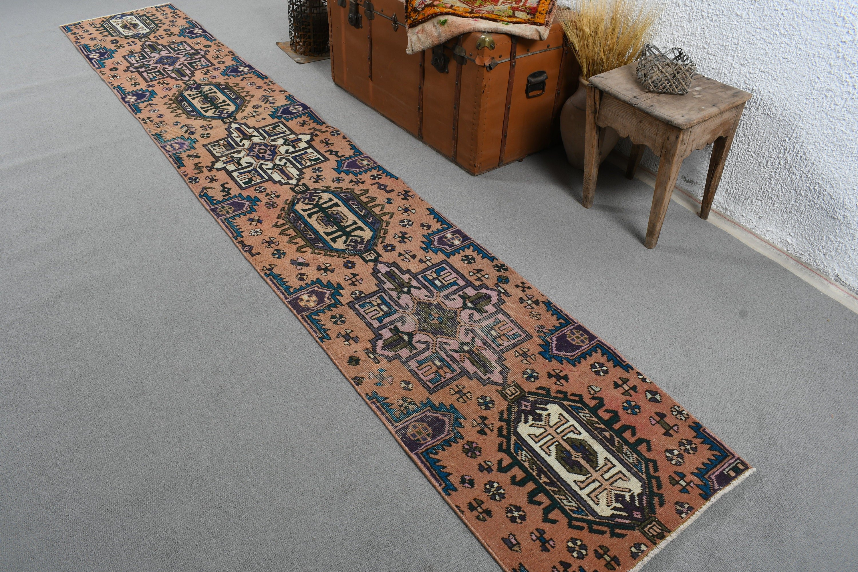 Orange Antique Rugs, 2x12.2 ft Runner Rugs, Antique Rugs, Vintage Rugs, Turkish Rugs, Rugs for Kitchen, Oriental Rug, Hallway Rugs