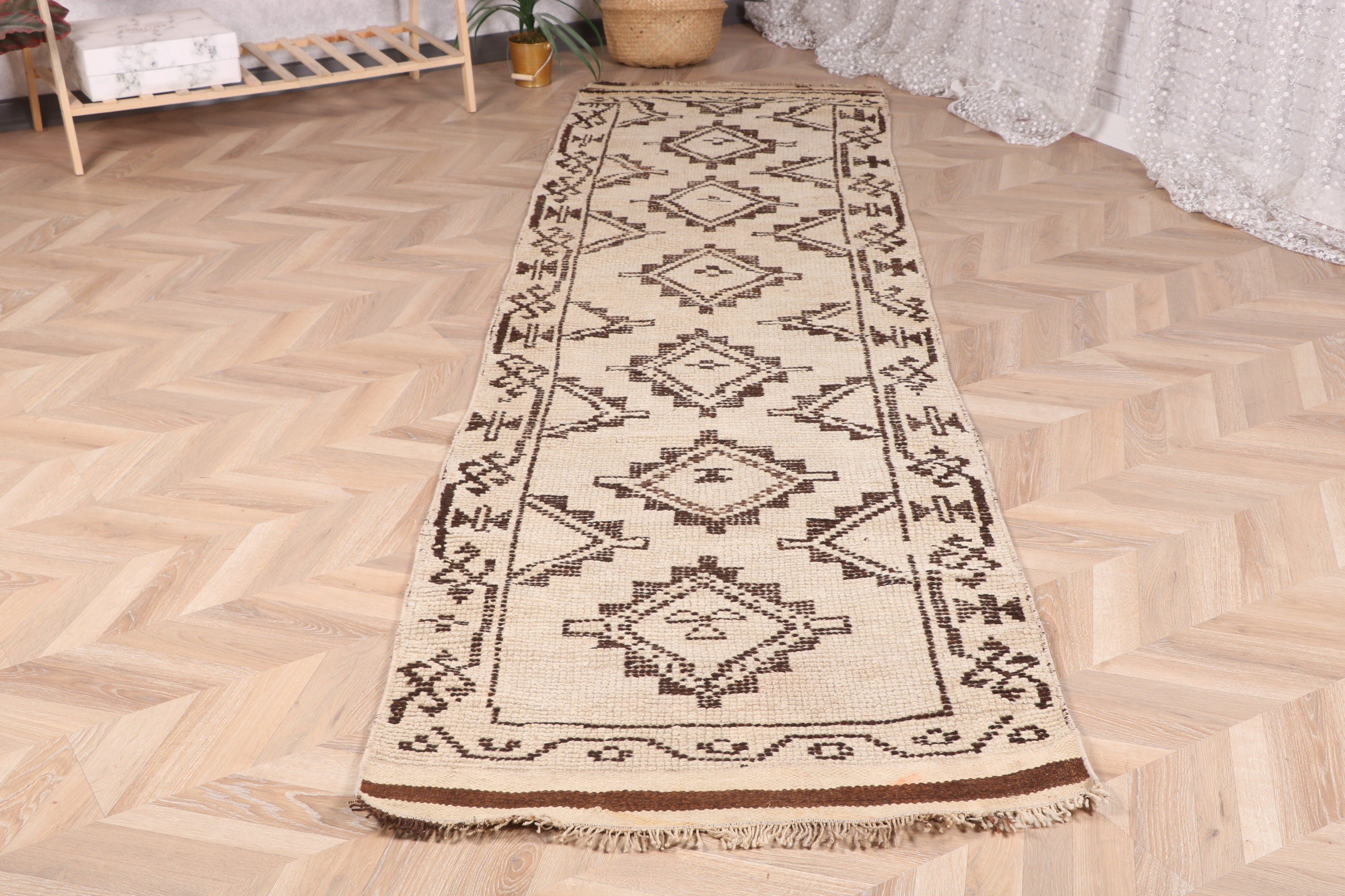 Bej Fas Halısı, Türk Halıları, 2.8x10.2 ft Runner Halısı, Yer Halıları, Vintage Halı, Mutfak Halısı, Merdiven Halısı, Beni Ourain Runner Halıları