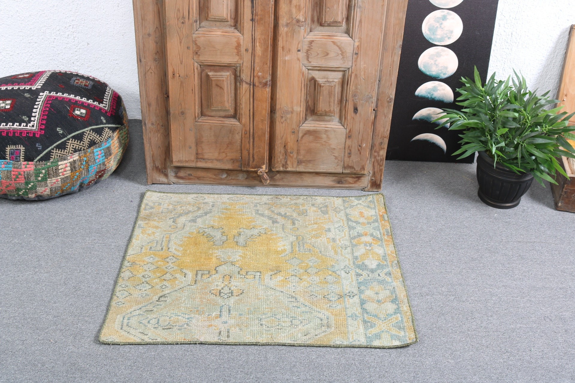 2.3x2.8 ft Küçük Halılar, Duvara Asılı Halı, Vintage Halılar, Türk Halıları, Fas Halıları, Yeşil Boho Halıları, Banyo Halısı, Boho Halıları, Bohem Halısı