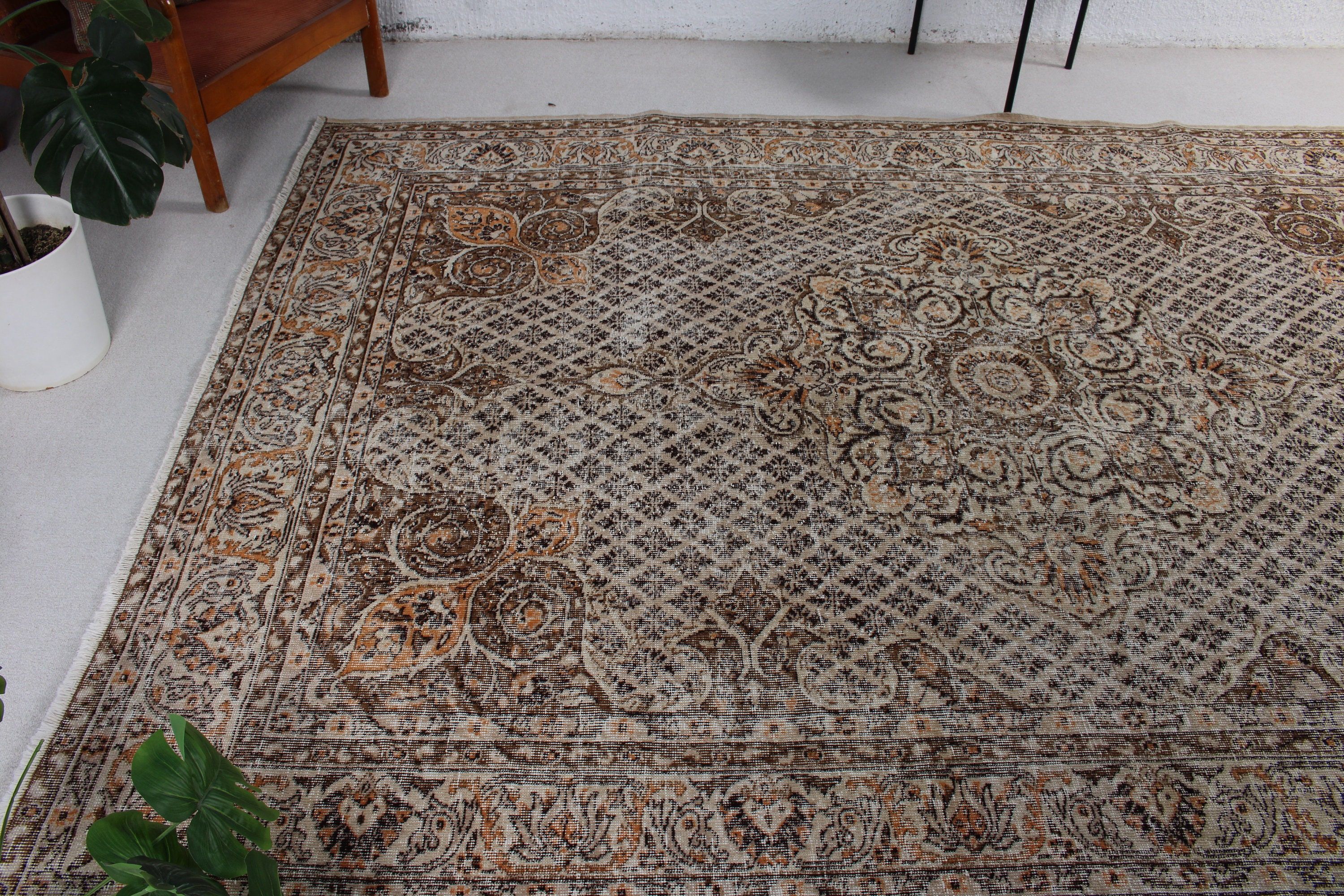 Vintage Halı, El Dokuma Halılar, 6.9x9.6 ft Büyük Halı, Bej Lüks Halı, Oryantal Halılar, Aztek Halıları, Yemek Odası Halısı, Salon Halısı, Türk Halıları