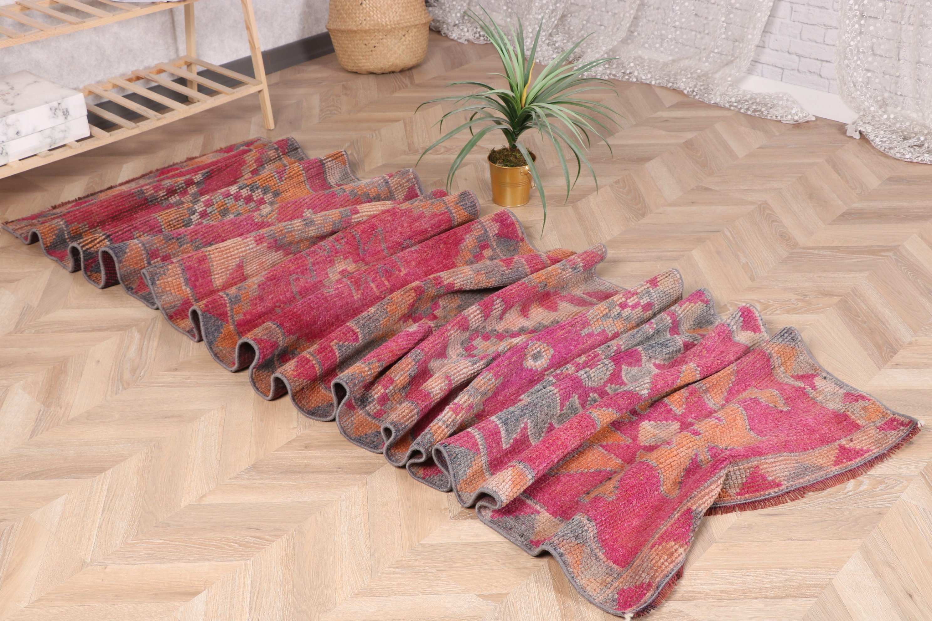 Vintage Halı, Modern Halılar, Merdiven Halısı, Koridor Halıları, Pembe 2,8x12,9 ft Runner Halıları, Türk Halısı, Aztek Halısı, Oushak Halıları