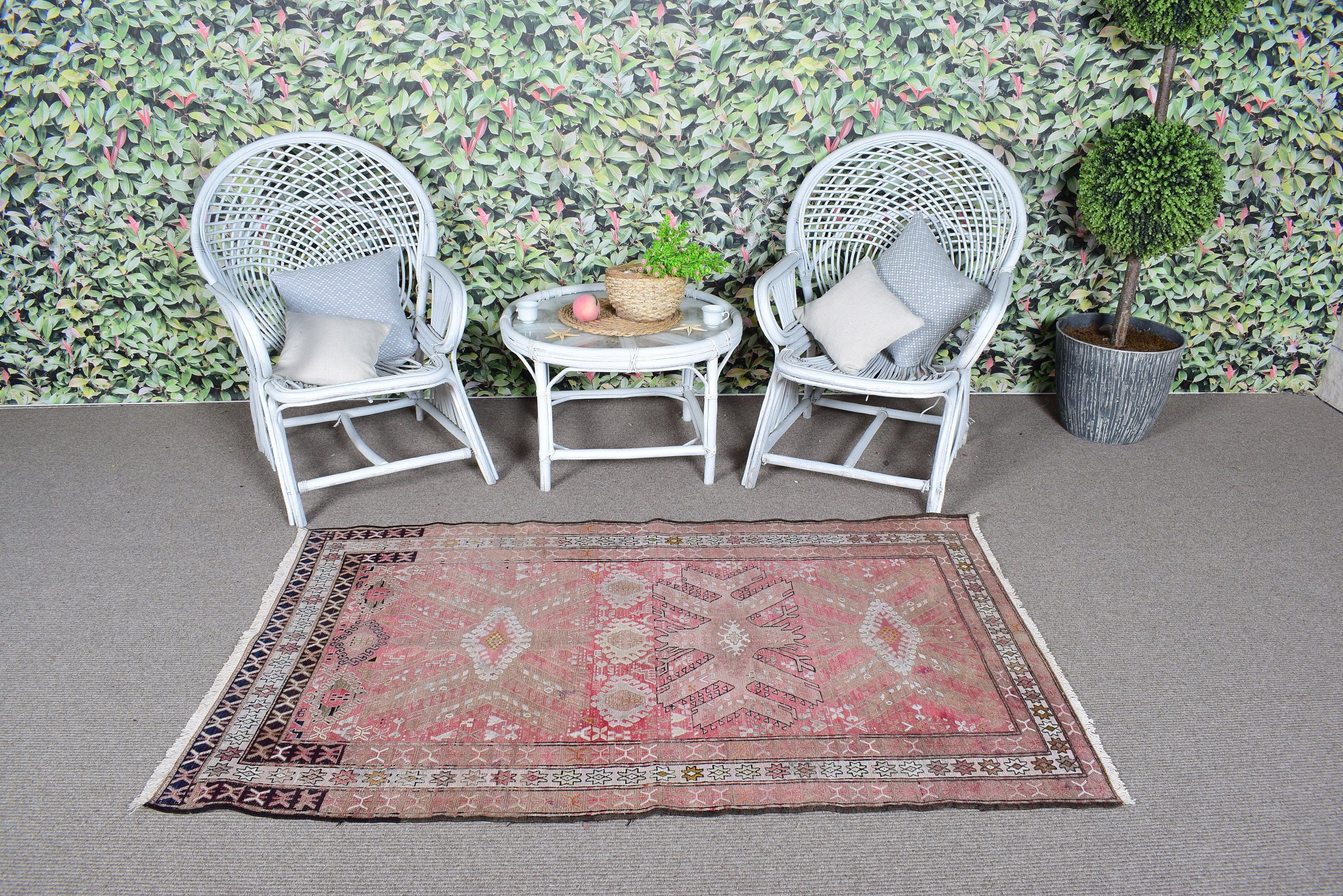 Geometrik Halı, Boho Vurgulu Halılar, Vintage Halı, Boho Vurgulu Halılar, Pembe Açıklama Halısı, Türk Halısı, El Dokuma Halı, 3,3x4,8 ft Vurgulu Halılar