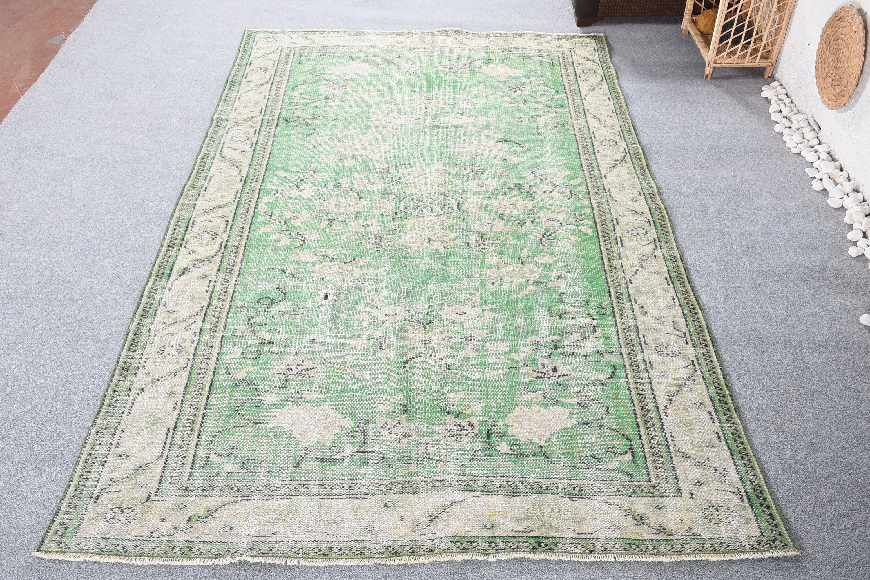 Vintage Halı, Yün Halı, 5.8x9.4 ft Büyük Halı, Türk Halısı, Yemek Odası Halısı, Oturma Odası Halısı, Yeşil Yatak Odası Halısı, Mutfak Halısı, Eklektik Halılar