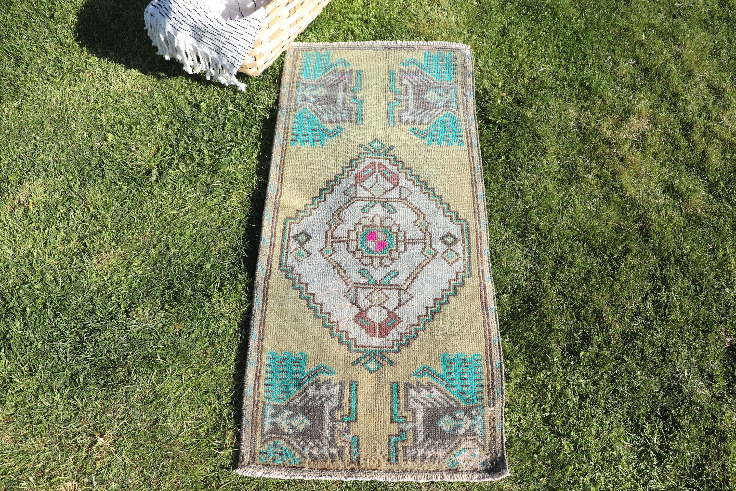 1,5x3,4 ft Küçük Halılar, Yatak Odası Halıları, Banyo Halıları, Vintage Halı, Yeşil El Dokuma Halı, Nötr Halı, Boho Halı, Türk Halıları, Küçük Boho Halı