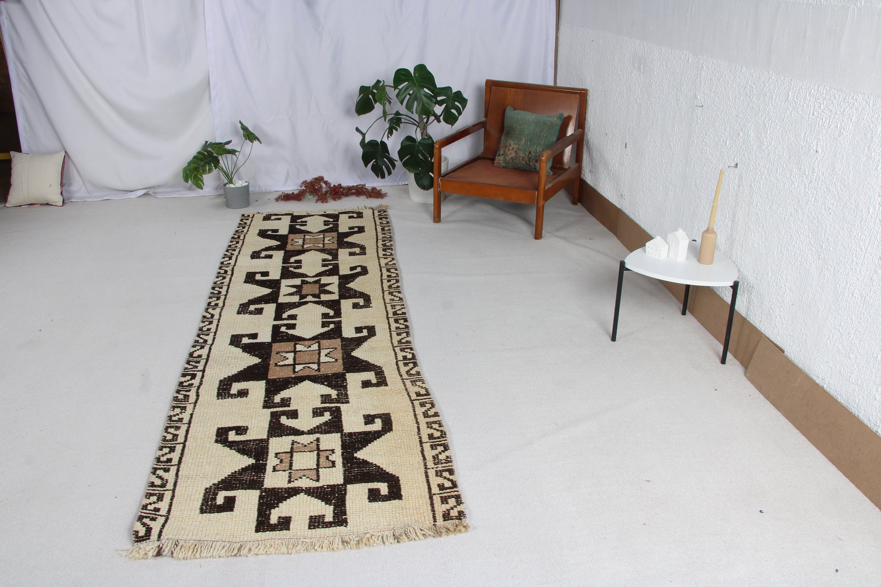 Modern Halı, Uzun Yolluk Halı, Bildiri Halısı, Kahverengi Geometrik Halı, Vintage Halılar, Oushak Halısı, Türk Halıları, Koridor Halısı, 3.1x9.6 ft Yolluk Halısı