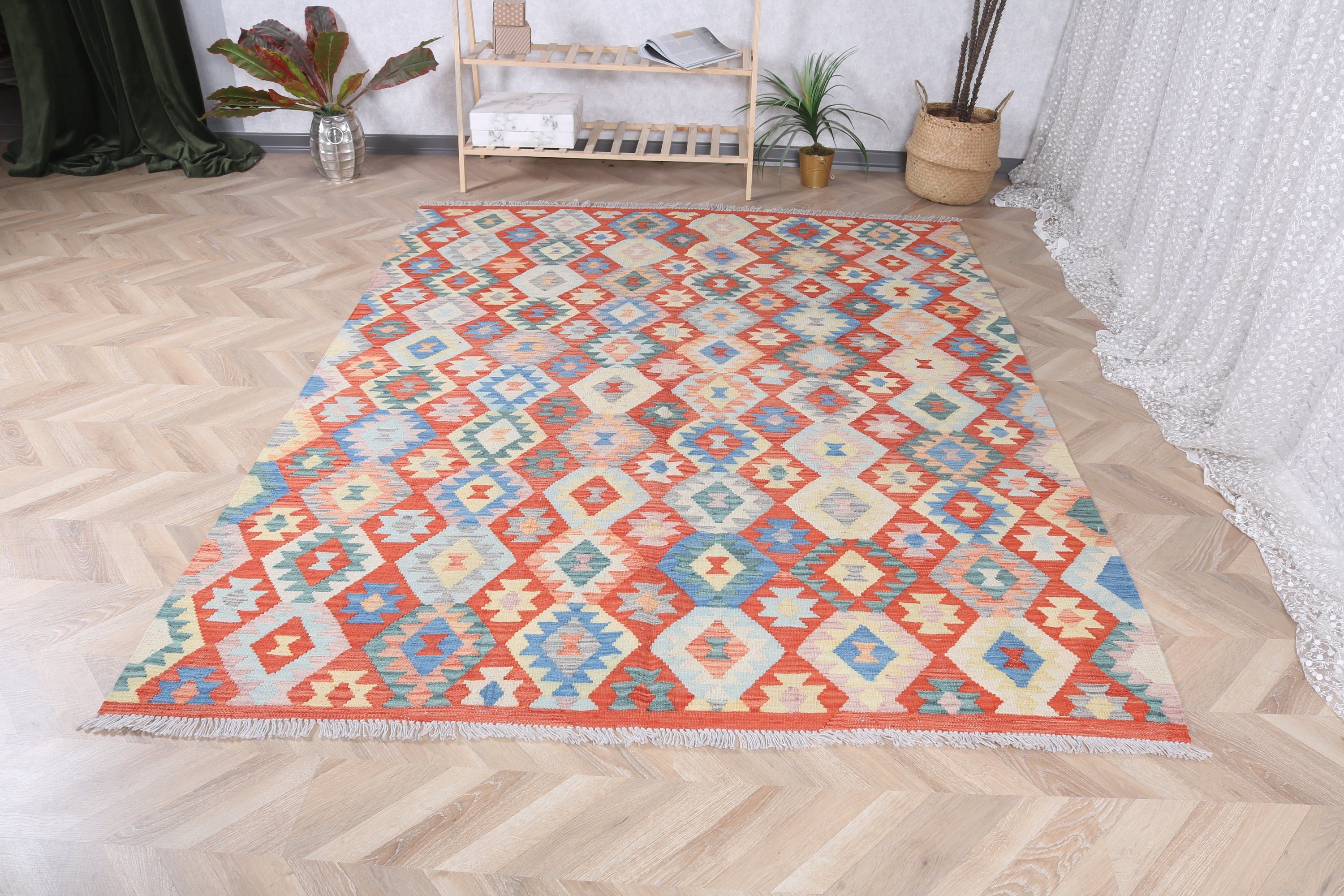 Turkish Rug, Living Room Rugs, Vintage Rug, Large Oushak Rugs, 6x7.6 ft Large Rug, Rainbow Boho Rug, Neutral Rug, Aztec Rug, Flatweave Rugs