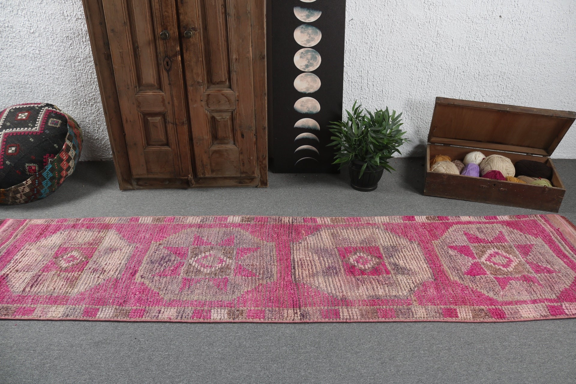 Pembe Açıklama Halısı, Vintage Halılar, Türk Halıları, Türkiye Halıları, Beni Ourain Runner Halıları, Yün Halı, 2.4x9.8 ft Runner Halıları, Düz Dokuma Halılar