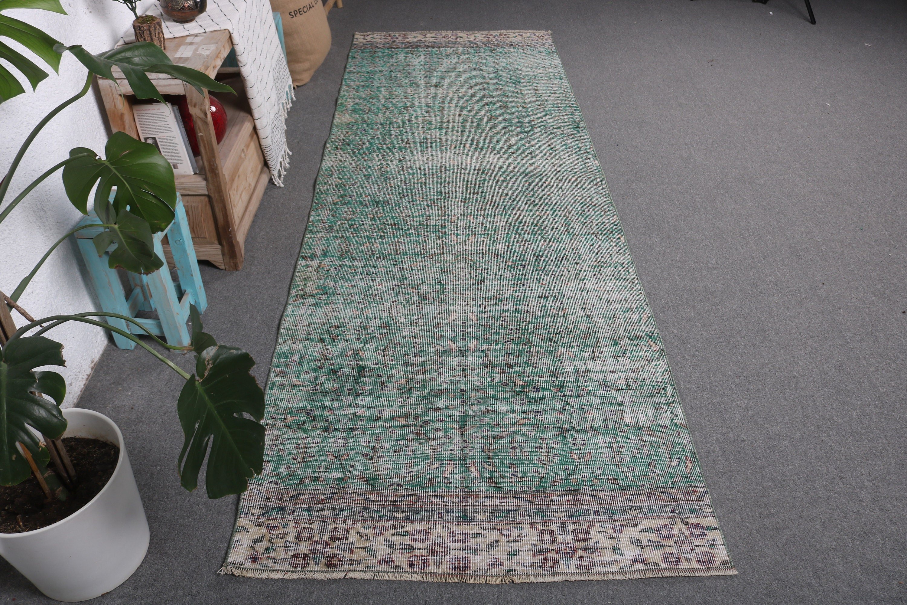 Ethnic Rug, Vintage Rugs, 3.3x9.7 ft Runner Rug, Stair Rugs, Turkish Rug, Long Runner Rugs, Green Wool Rugs, Geometric Rugs, Oriental Rug