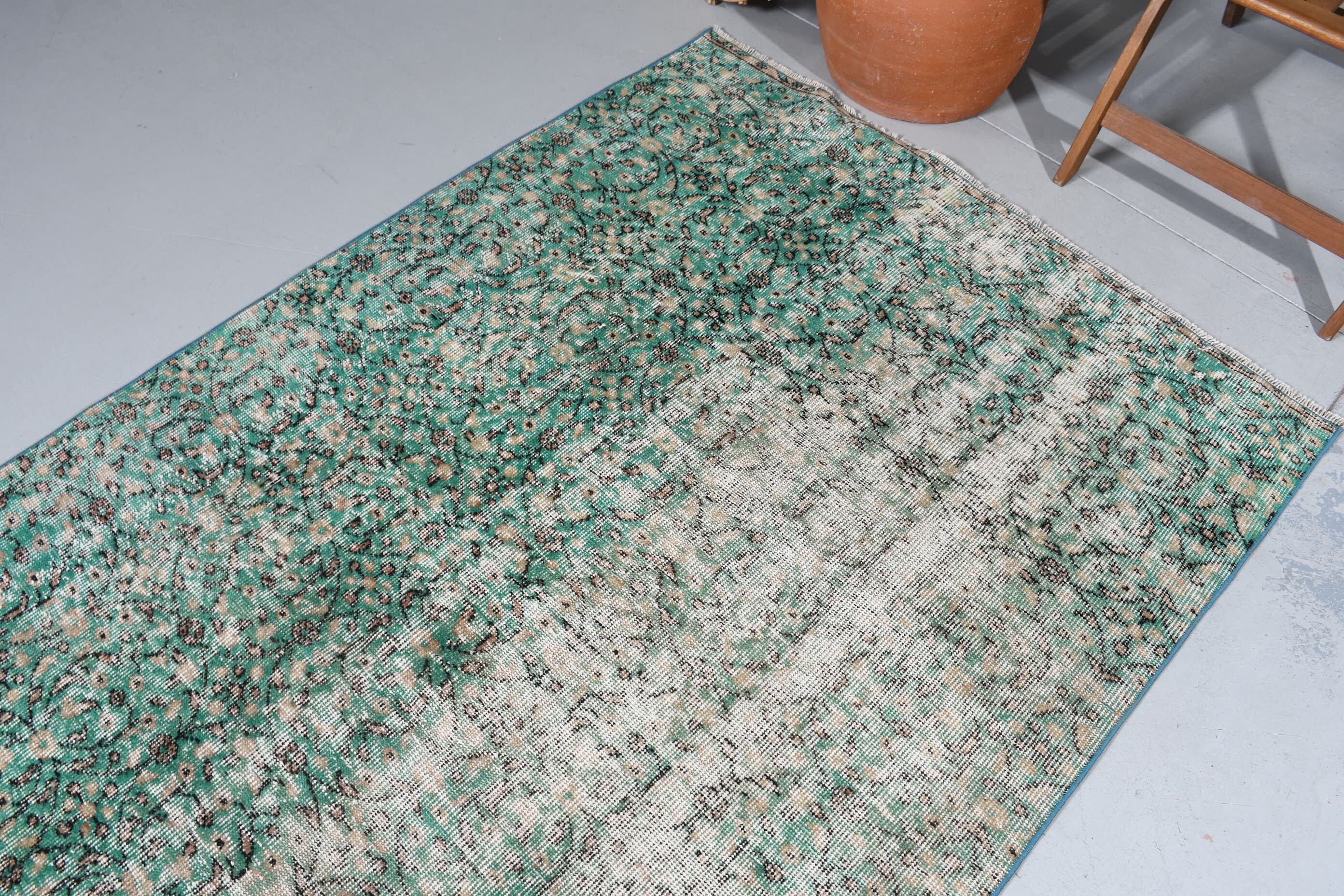 Green Wool Rugs, Indoor Rugs, Turkish Rugs, 4.4x8.3 ft Area Rug, Oushak Rug, Vintage Decor Rug, Kitchen Rugs, Vintage Rug