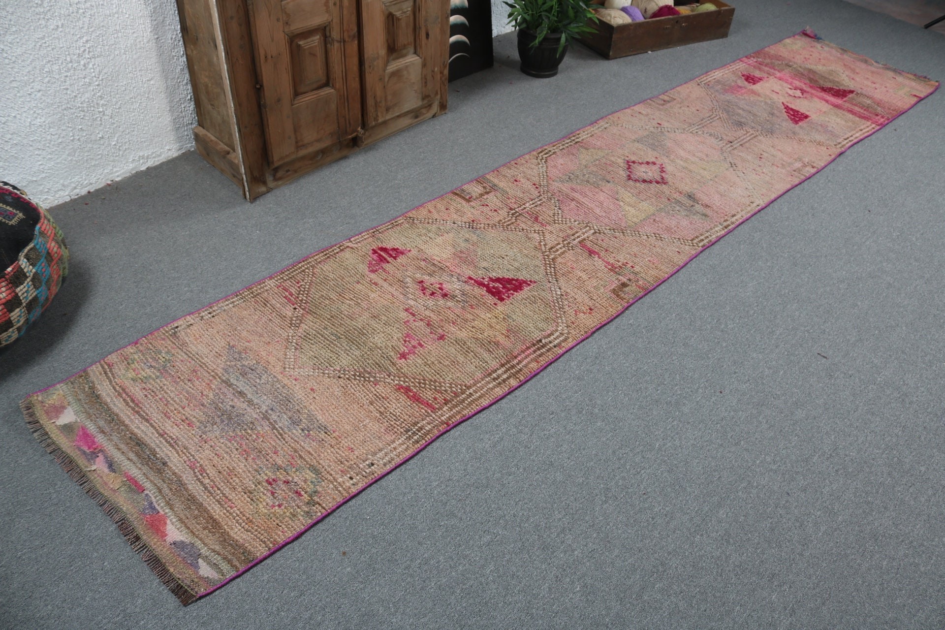 Türk Halıları, Boho Halısı, Vintage Halılar, Turuncu Antika Halılar, Uzun Yolluk Halıları, 2.3x11.7 ft Yolluk Halıları, Koridor Halıları, Yün Halılar