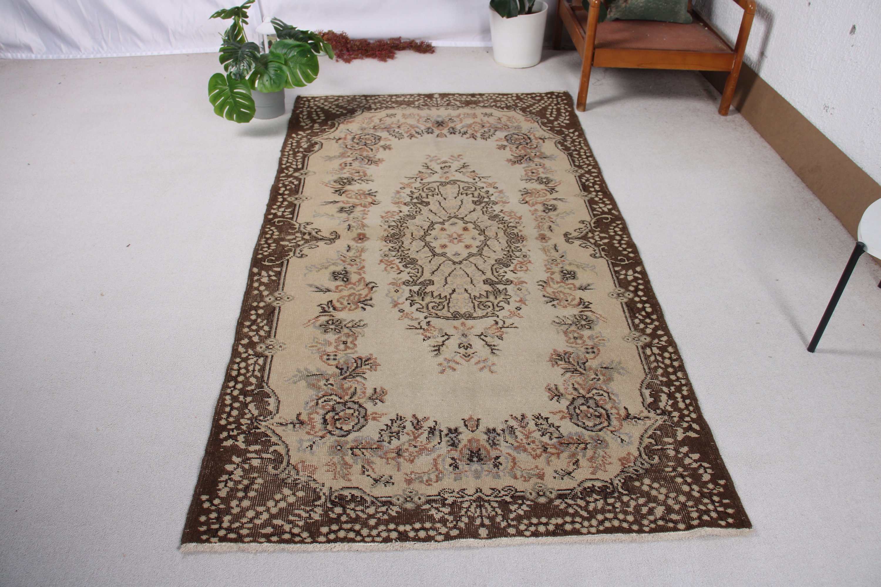 3.9x7.2 ft Area Rugs, Turkish Rugs, Beige Floor Rugs, Kitchen Rugs, Dining Room Rugs, Oushak Area Rug, Statement Rugs, Vintage Rugs