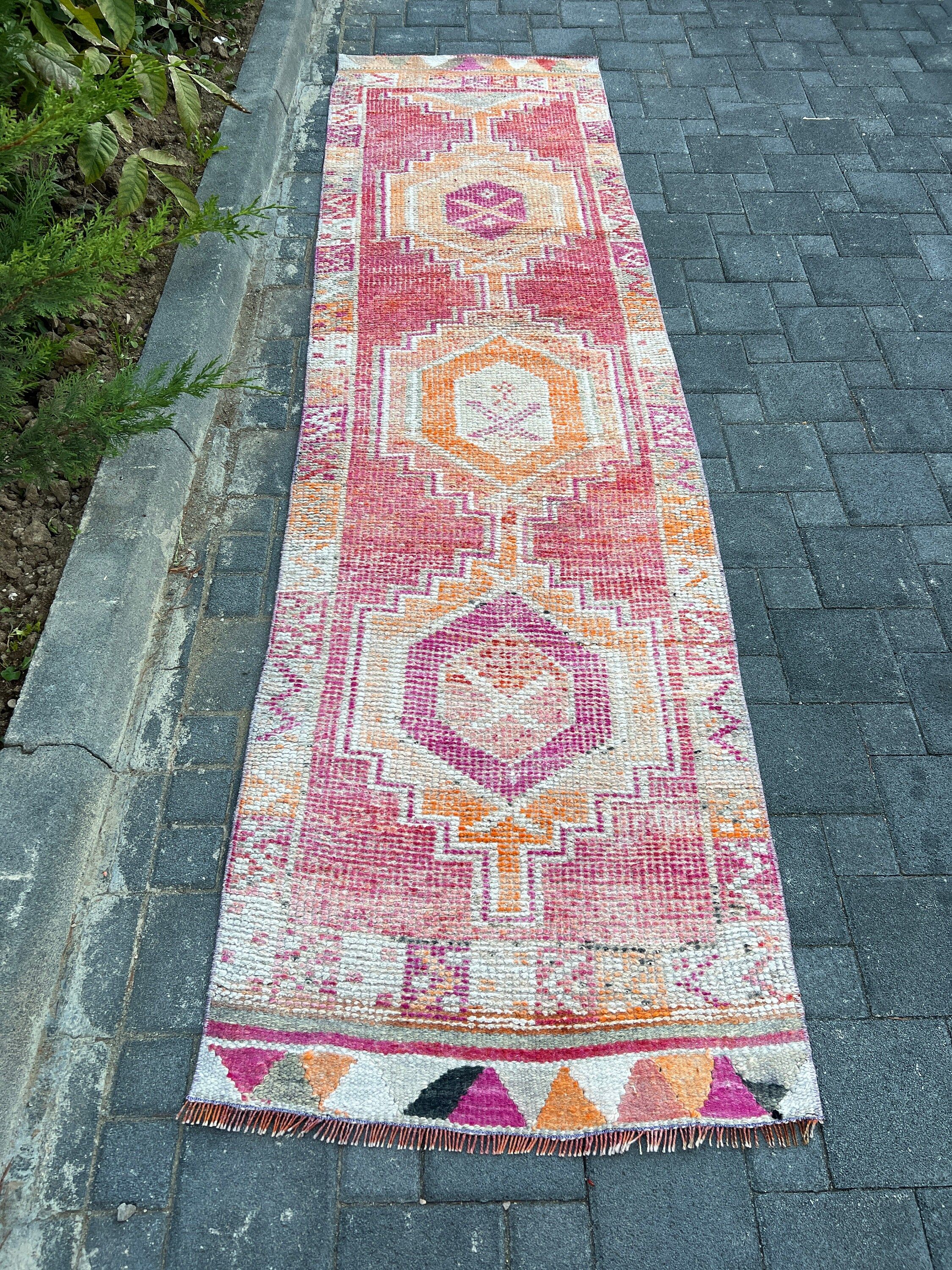 Rugs for Corridor, Vintage Rug, Corridor Rug, 2.7x9.9 ft Runner Rug, Moroccan Rug, Stair Rug, Bedroom Rug, Pink Wool Rug, Turkish Rug