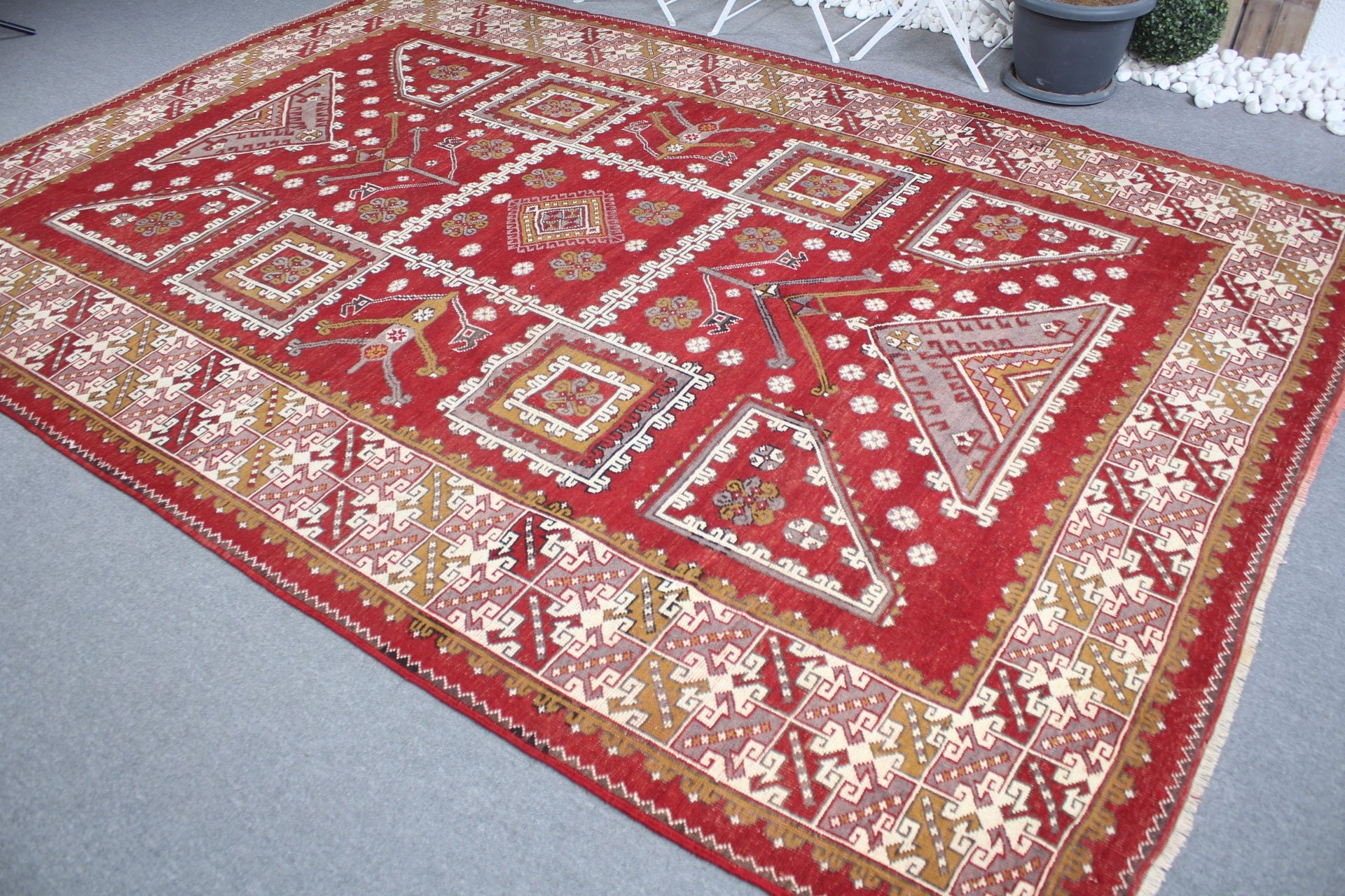 Oturma Odası Halısı, 7.6x10.7 ft Büyük Boy Halı, Havalı Halı, Salon Halısı, Vintage Halı, Antika Halı, Türk Halısı, Kırmızı Fas Halısı, Soyut Halı