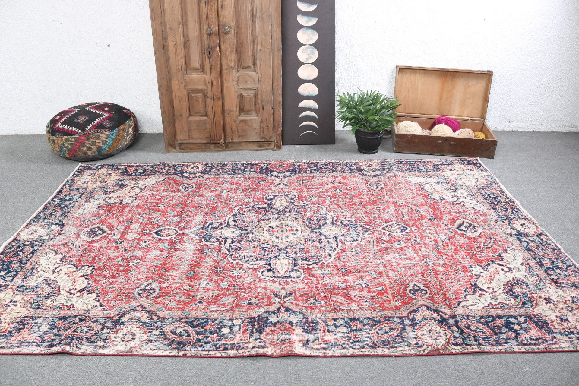 Modern Halılar, Oturma Odası Halısı, Türk Halıları, Havalı Halılar, Vintage Halılar, 5.9x9.5 ft Büyük Halı, Kırmızı El Dokuma Halı, Büyük Vintage Halılar, Boho Halılar