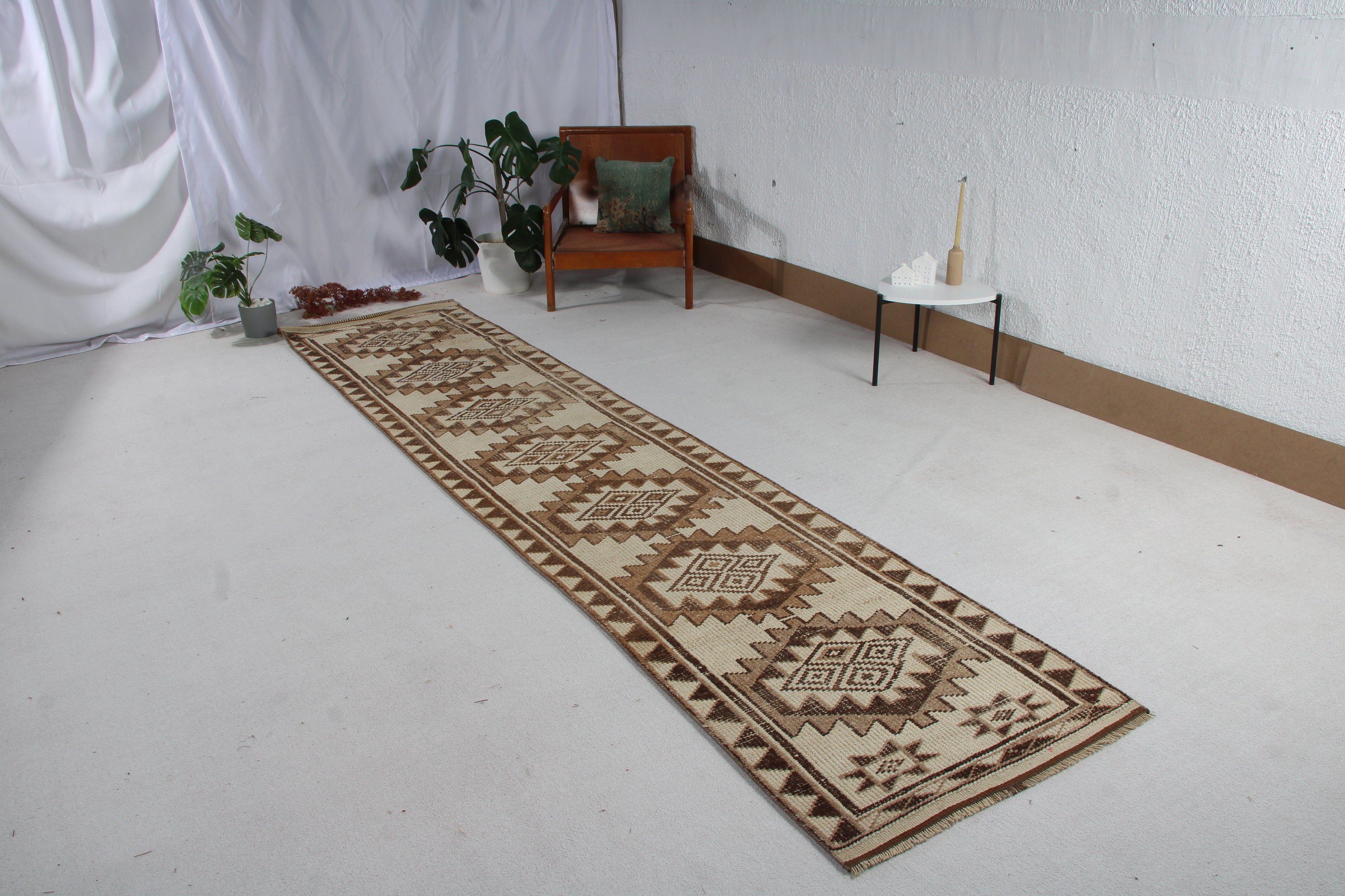 Vintage Rug, Rugs for Hallway, Antique Rug, Brown Luxury Rug, Oushak Rugs, Turkish Rugs, Kitchen Rug, Turkey Rugs, 2.8x12.7 ft Runner Rug