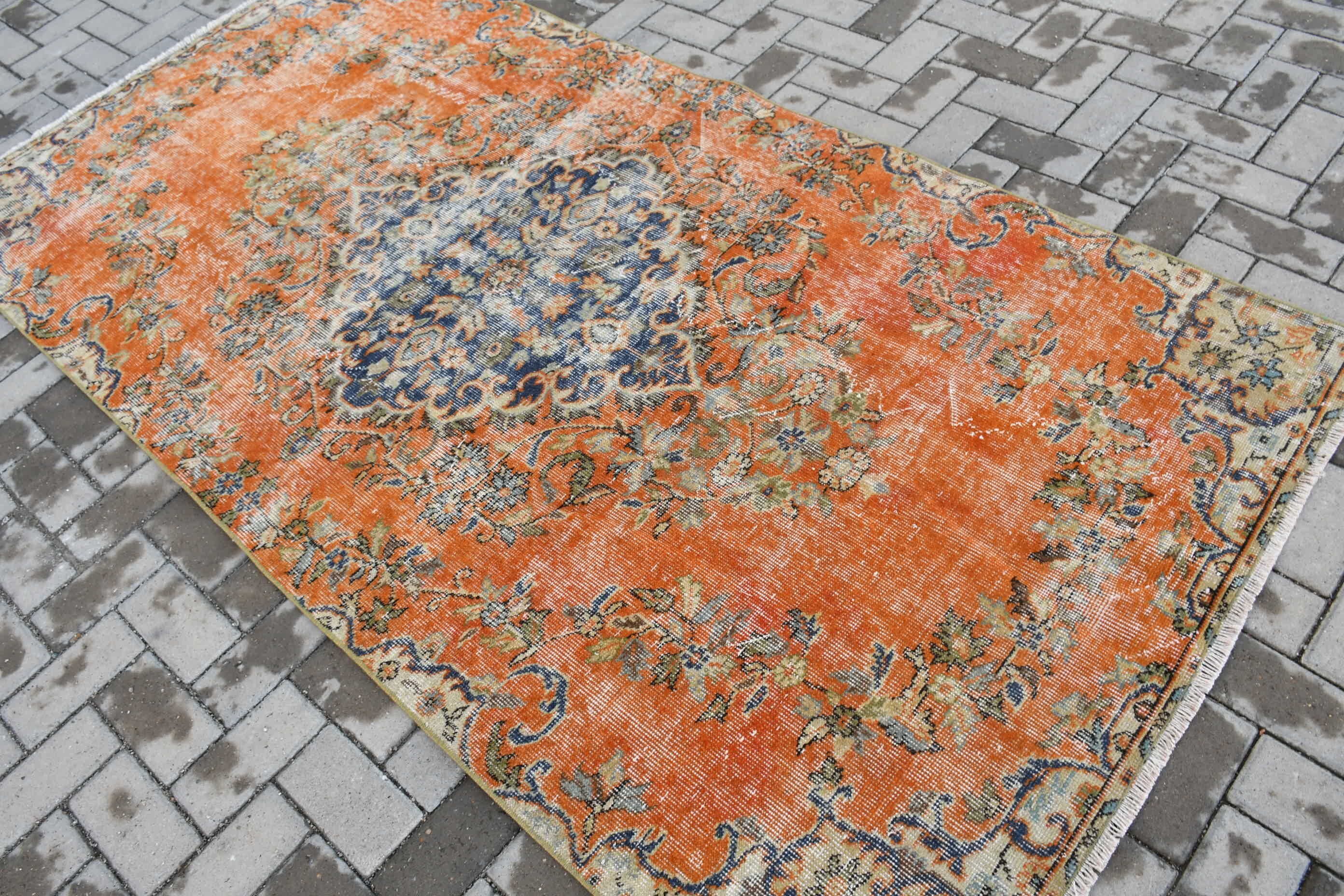 Orange Antique Rug, Vintage Rug, Turkish Rugs, Indoor Rugs, Rugs for Nursery, Oushak Rug, 4.2x8.1 ft Area Rug, Cool Rug, Vintage Oushak Rug