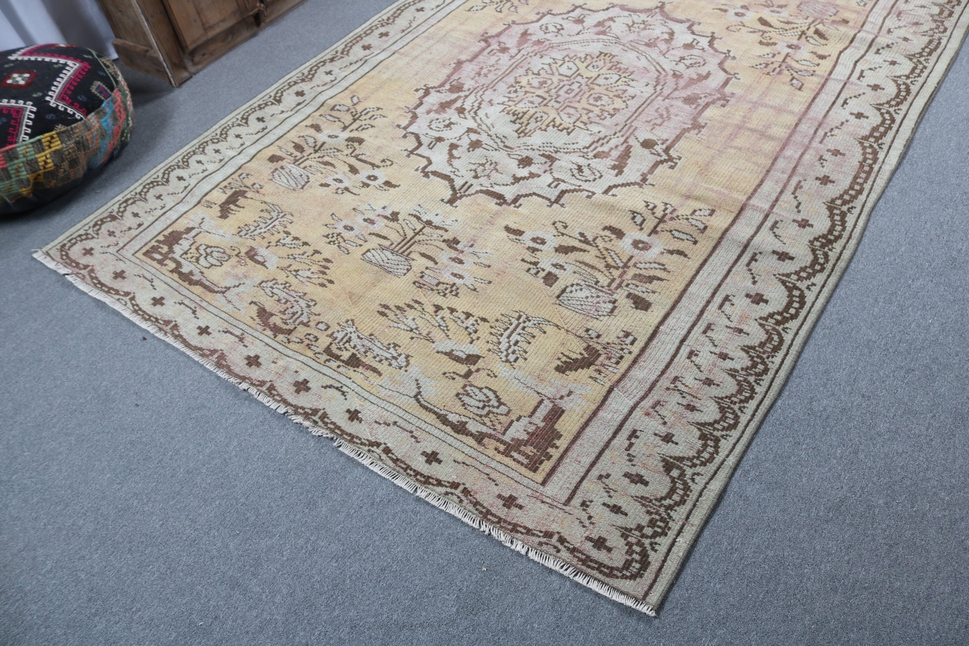 6.1x9.3 ft Büyük Halı, Vintage Halılar, Yemek Odası Halıları, Modern Halılar, Oturma Odası Halısı, Boho Halısı, Sanatsal Halı, Sarı Yün Halı, Türk Halısı